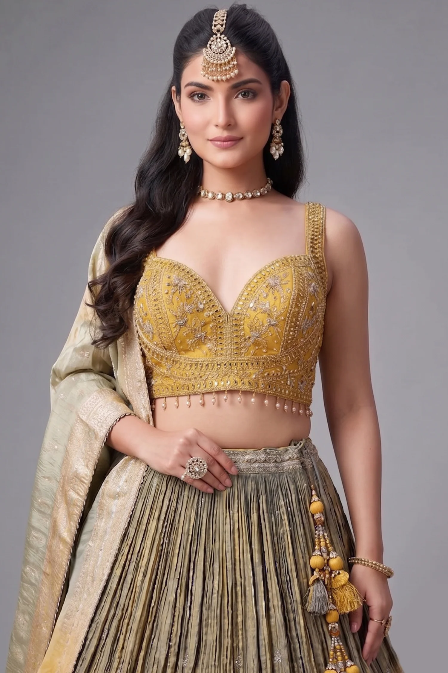 Olive Green and Yellow Ombre Chinon Sequin Embroidered Pleated Lehenga - Image 2