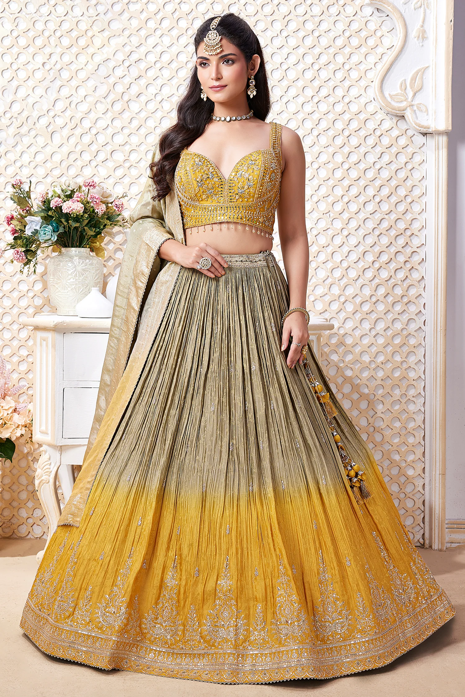 Olive Green and Yellow Ombre Chinon Sequin Embroidered Pleated Lehenga - Image 3