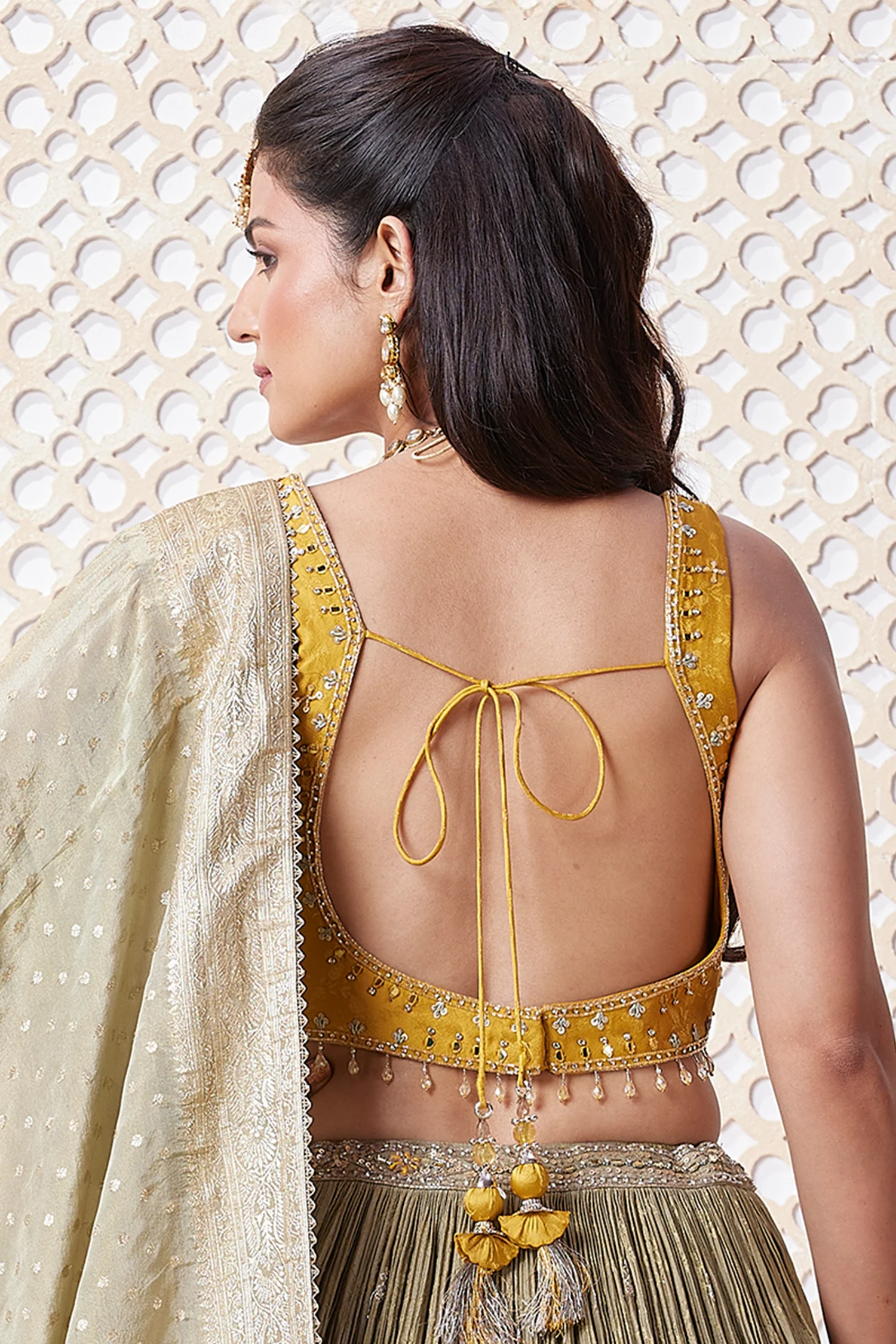 Olive Green and Yellow Ombre Chinon Sequin Embroidered Pleated Lehenga - Image 4