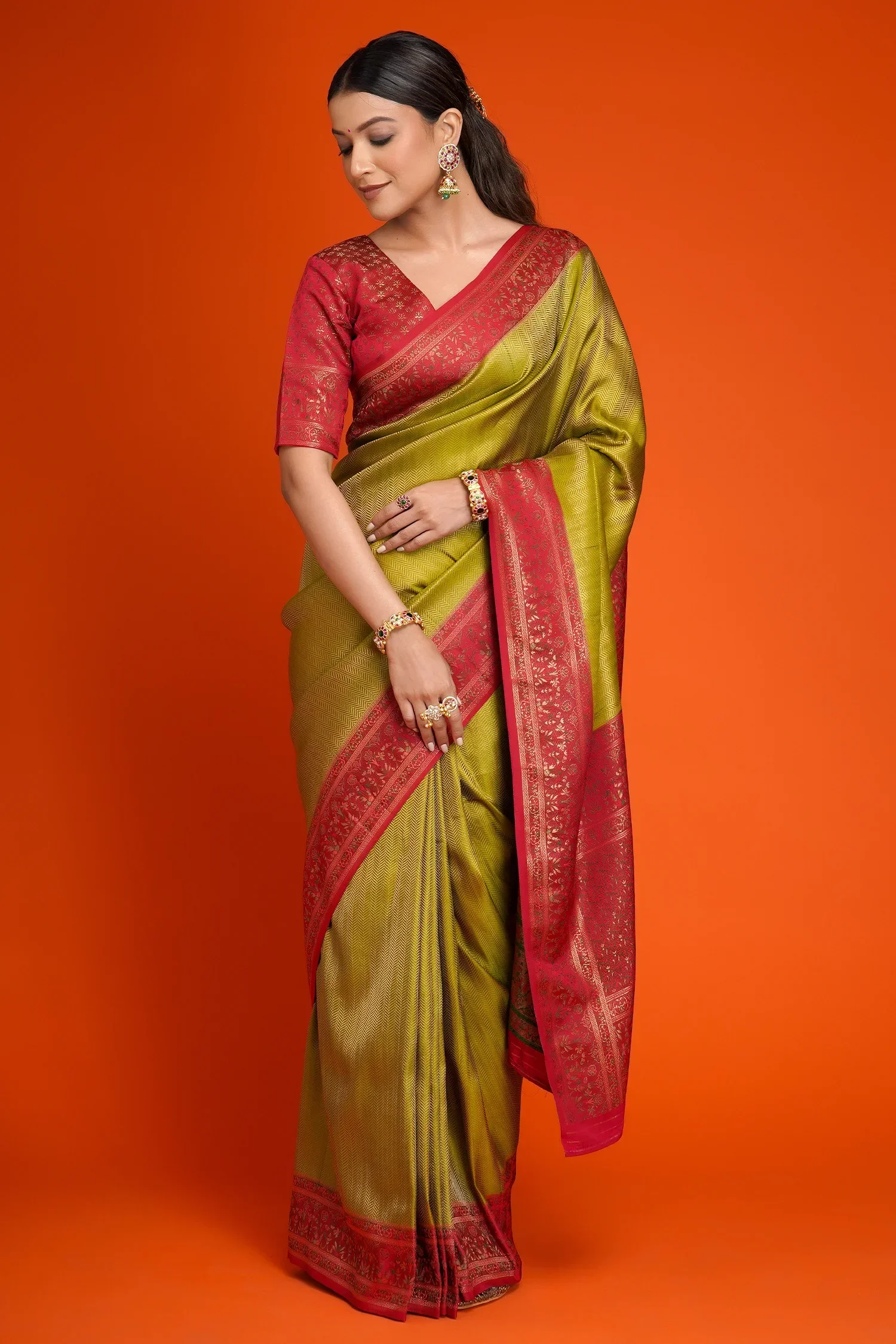 Olive Green Art Silk All Over Woven Saree - Image 2