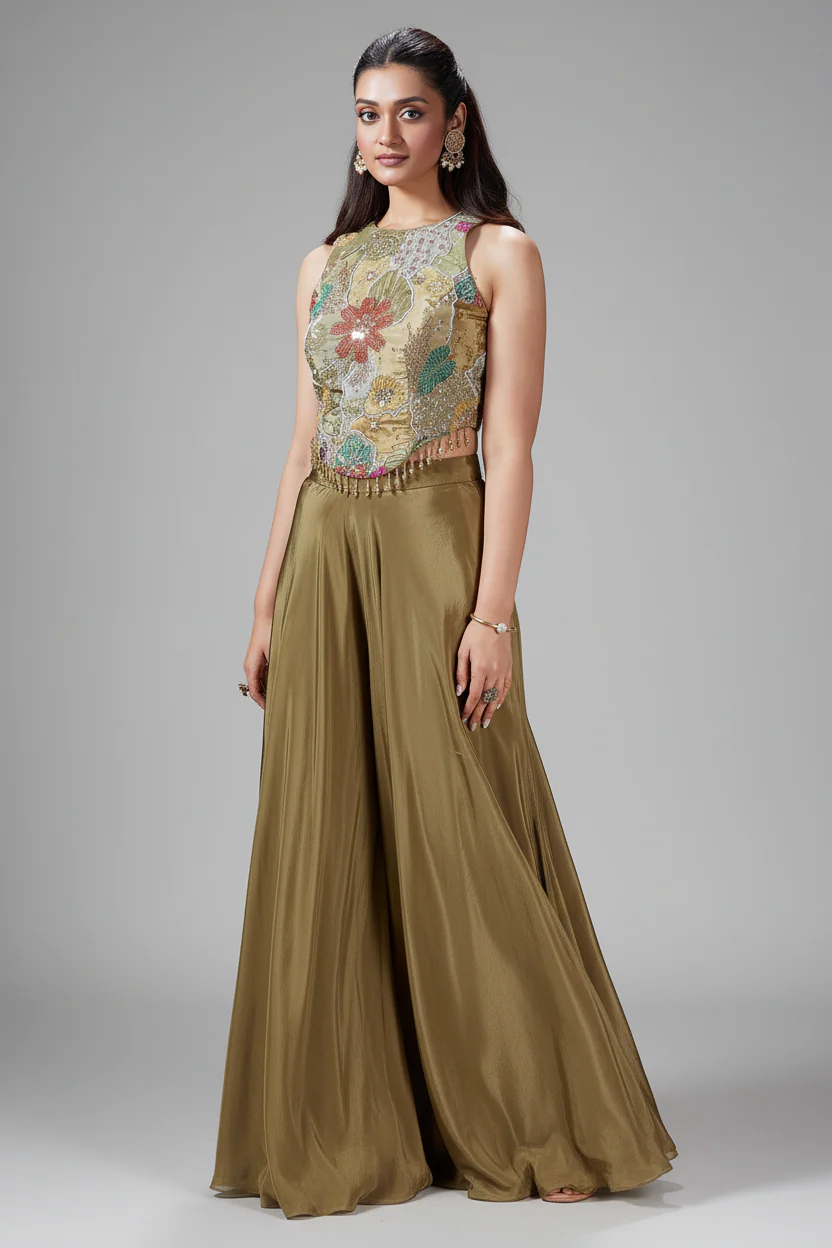 Olive Green Crepe Satin Silk Cutdana Beaded and Mirror Worked Crop Top Palazzo Set