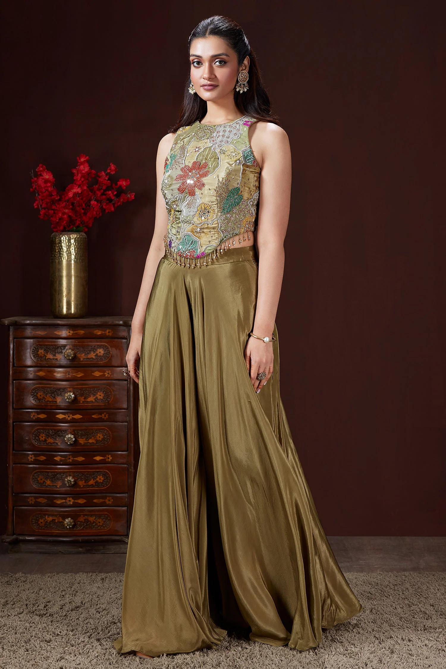 Olive Green Crepe Satin Silk Cutdana Beaded and Mirror Worked Crop Top Palazzo Set - Image 2
