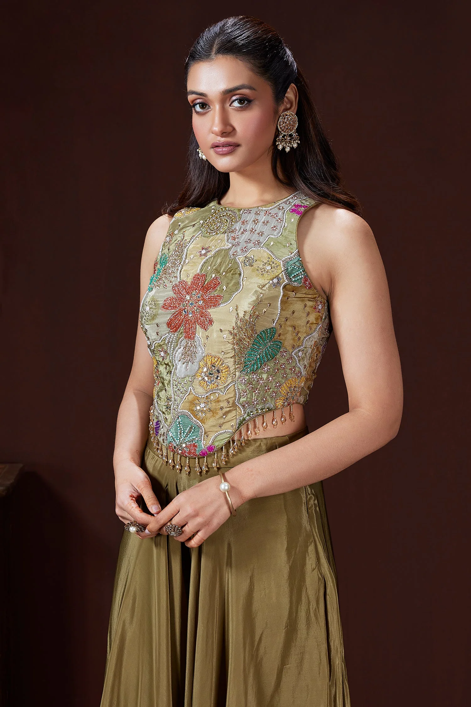 Olive Green Crepe Satin Silk Cutdana Beaded and Mirror Worked Crop Top Palazzo Set - Image 3