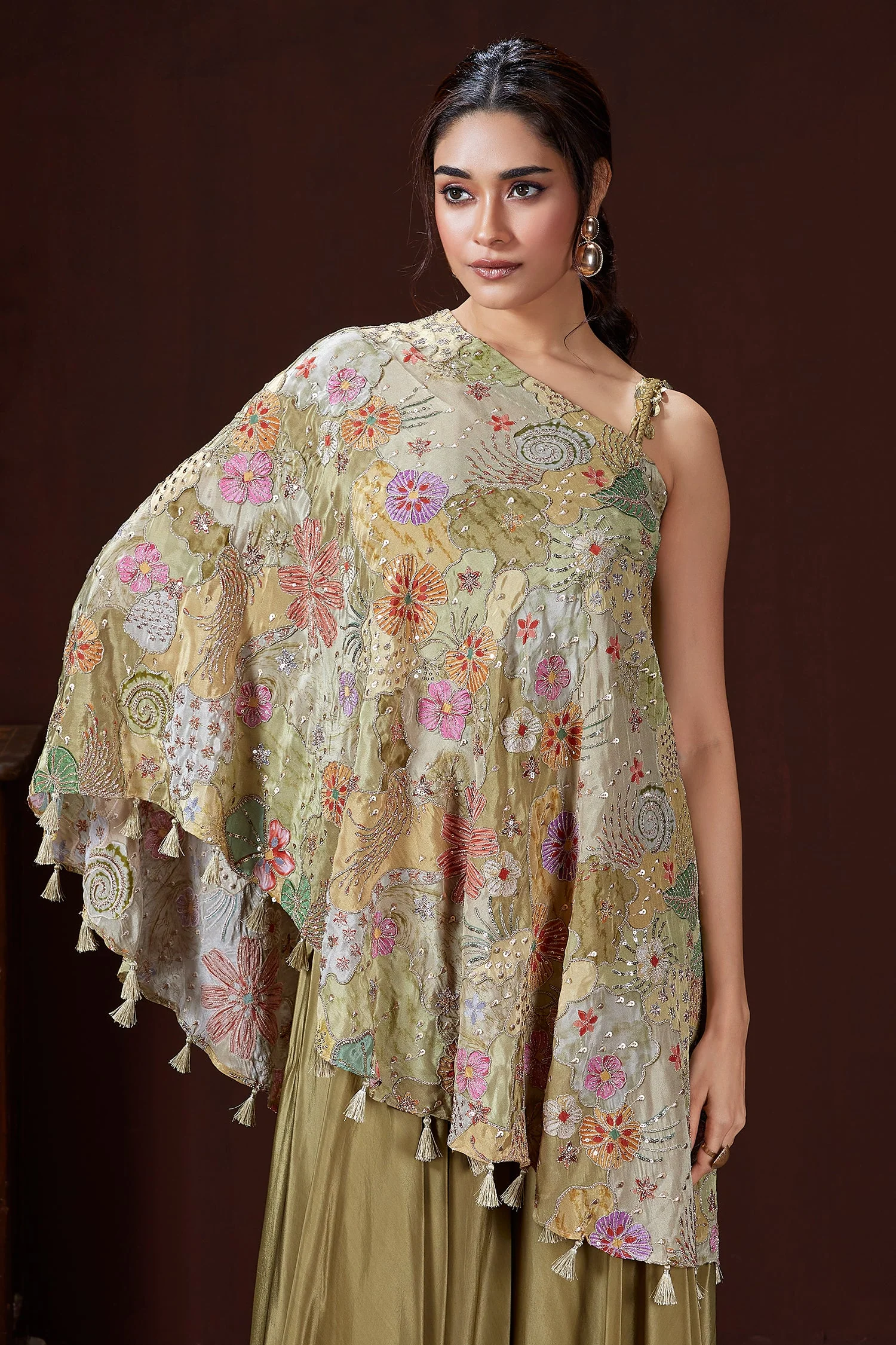 Olive Green Crepe Satin Silk Embroidered One Shoulder Asymmetrical Top Palazzo Set - Image 3
