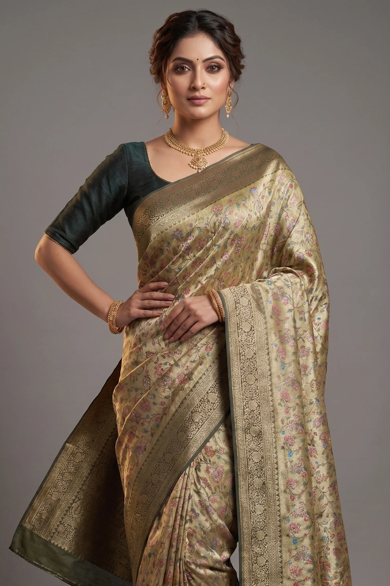 Olive Green Dola Silk Printed Saree with Contrast Woven Border and Pallu - Image 2