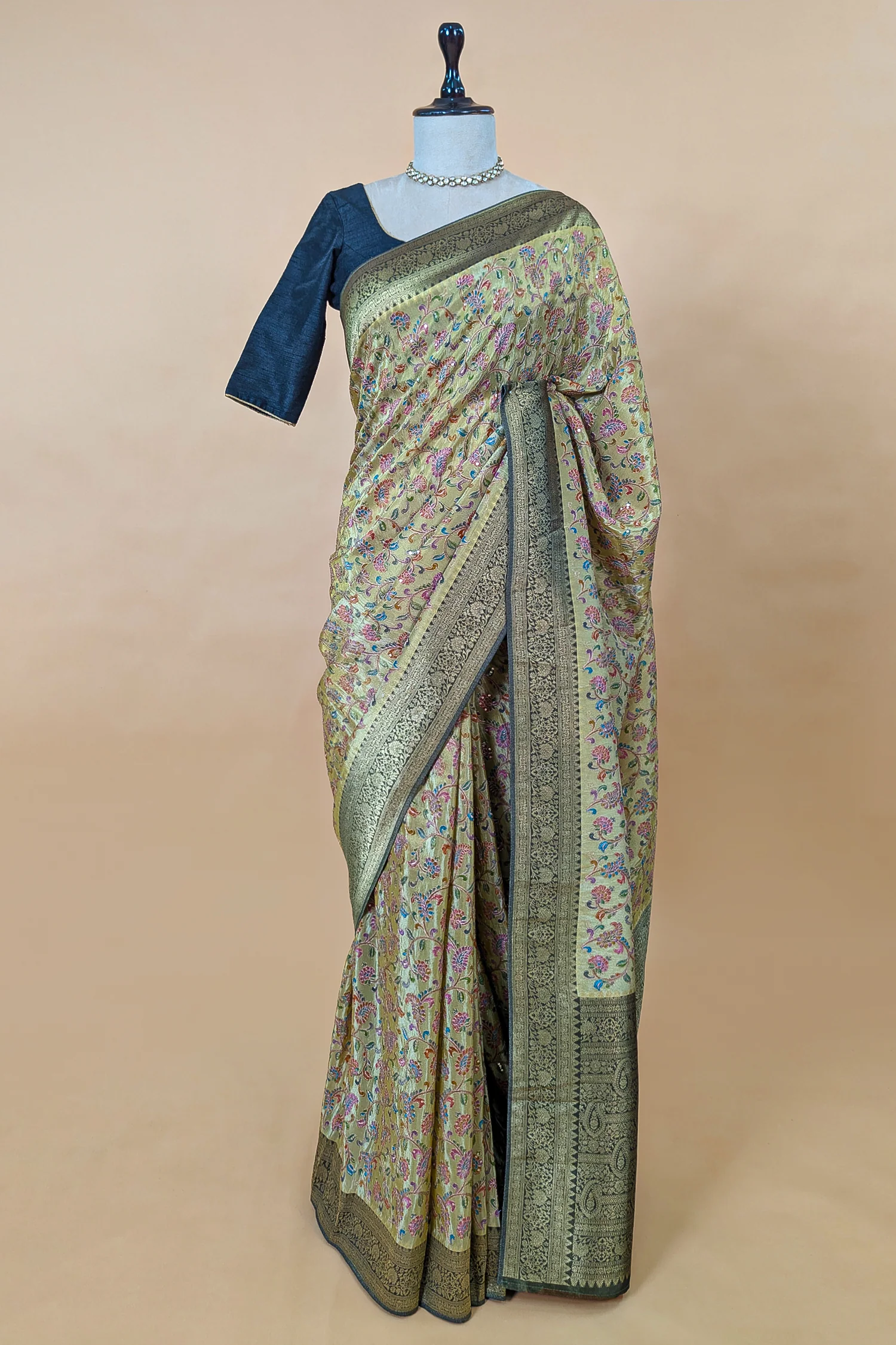 Olive Green Dola Silk Printed Saree with Contrast Woven Border and Pallu - Image 3