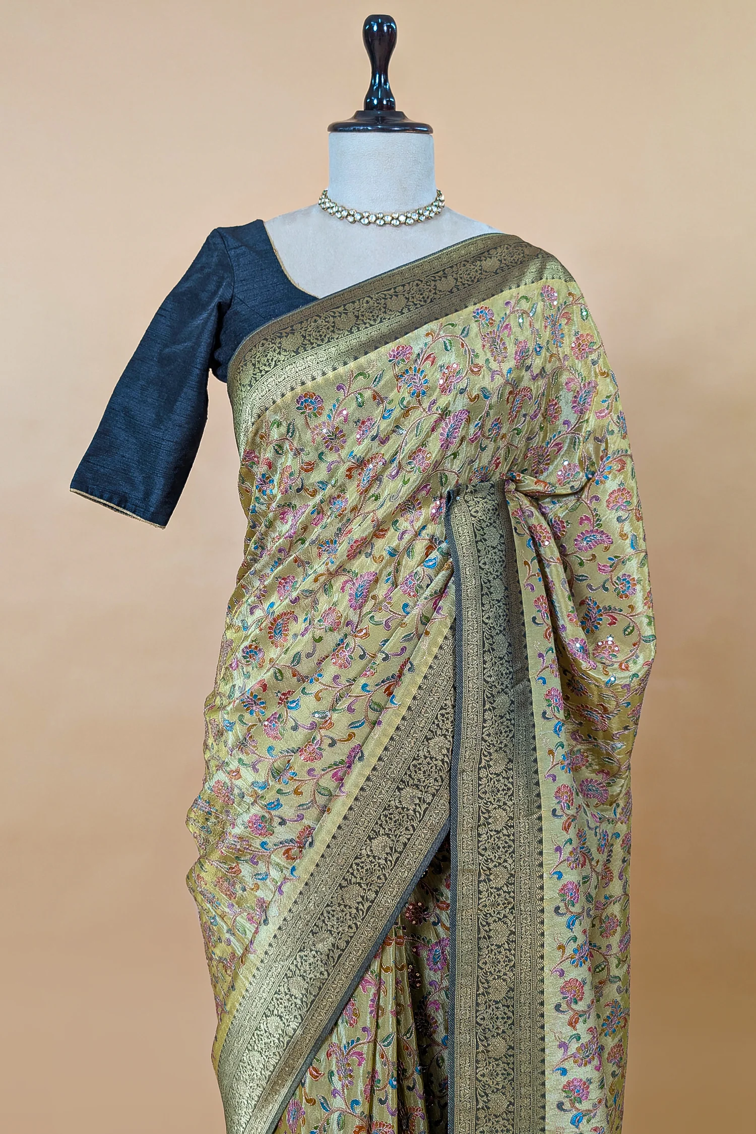 Olive Green Dola Silk Printed Saree with Contrast Woven Border and Pallu - Image 4