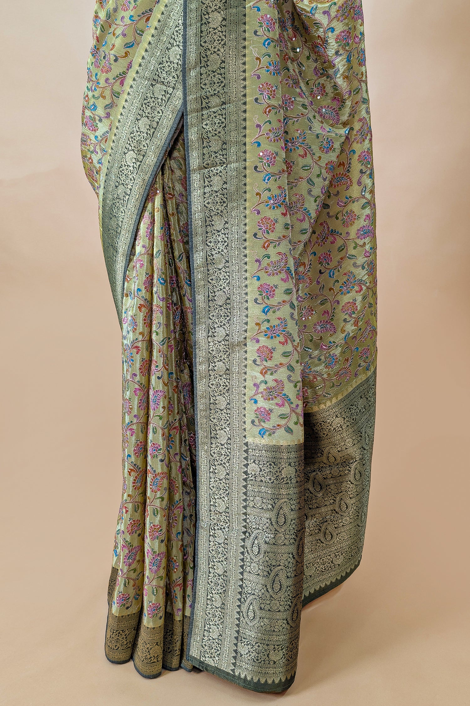 Olive Green Dola Silk Printed Saree with Contrast Woven Border and Pallu - Image 5