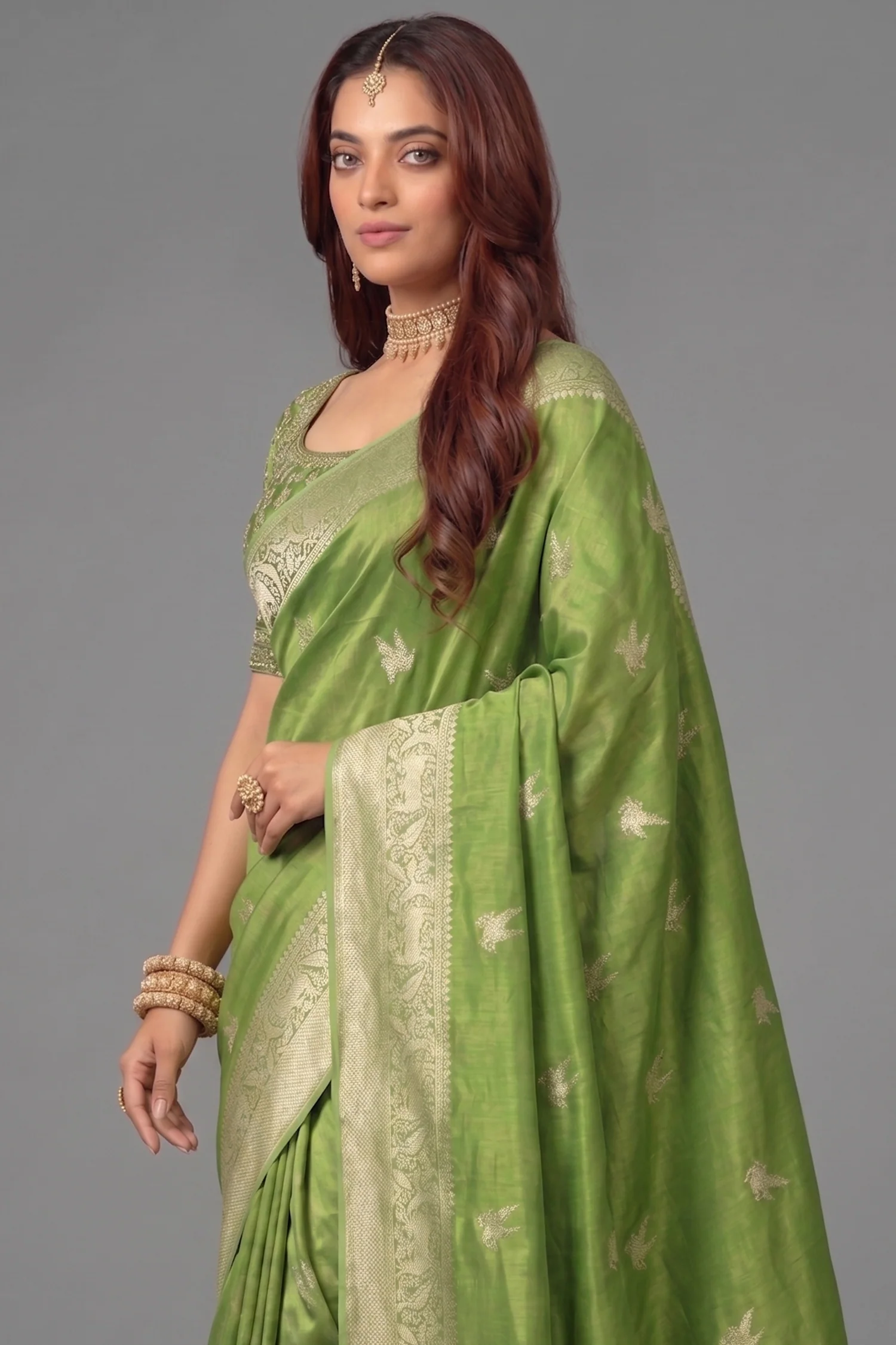 Olive Green Dola Tissue Silk Woven Saree with Readymade Blouse - Image 2