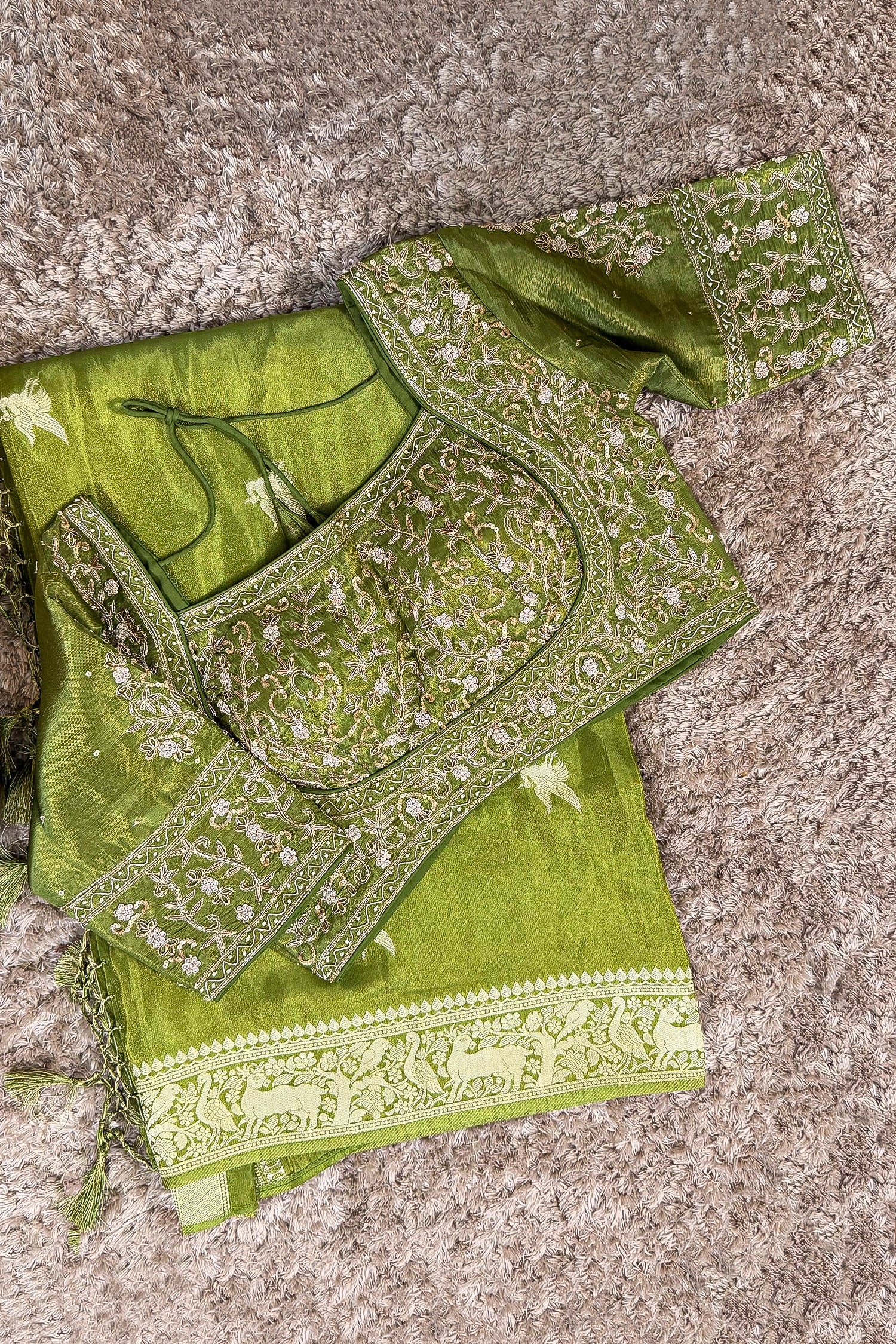 Olive Green Dola Tissue Silk Woven Saree with Readymade Blouse - Image 3