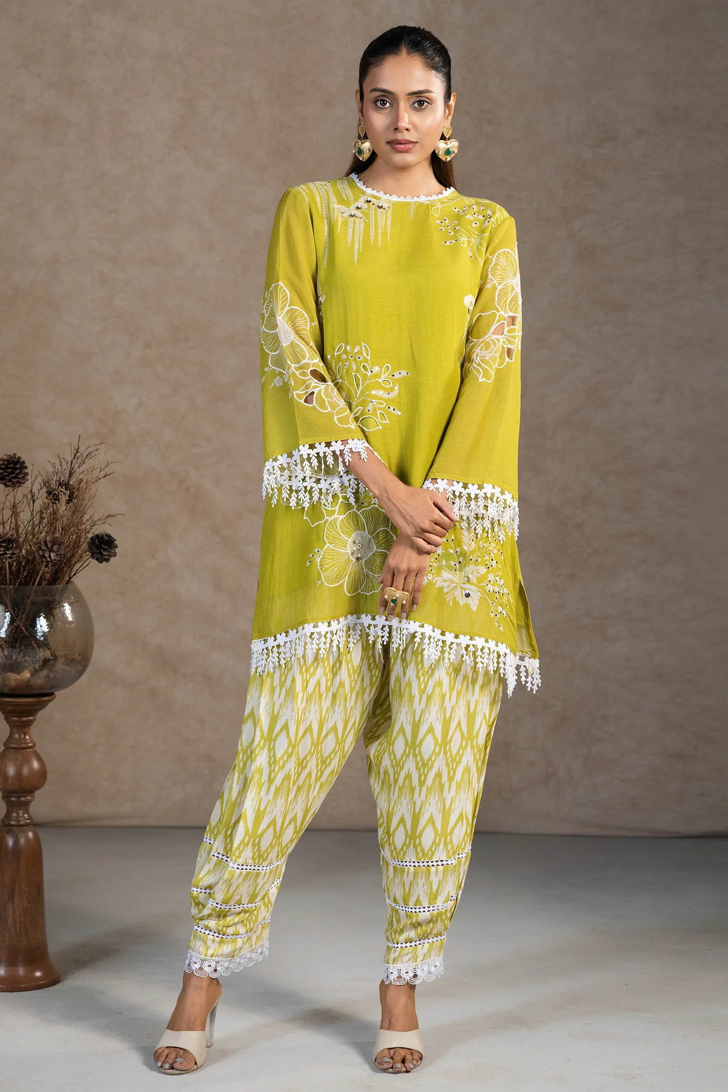 Olive Green Linen Floral Printed Co-Ord Set - Image 2