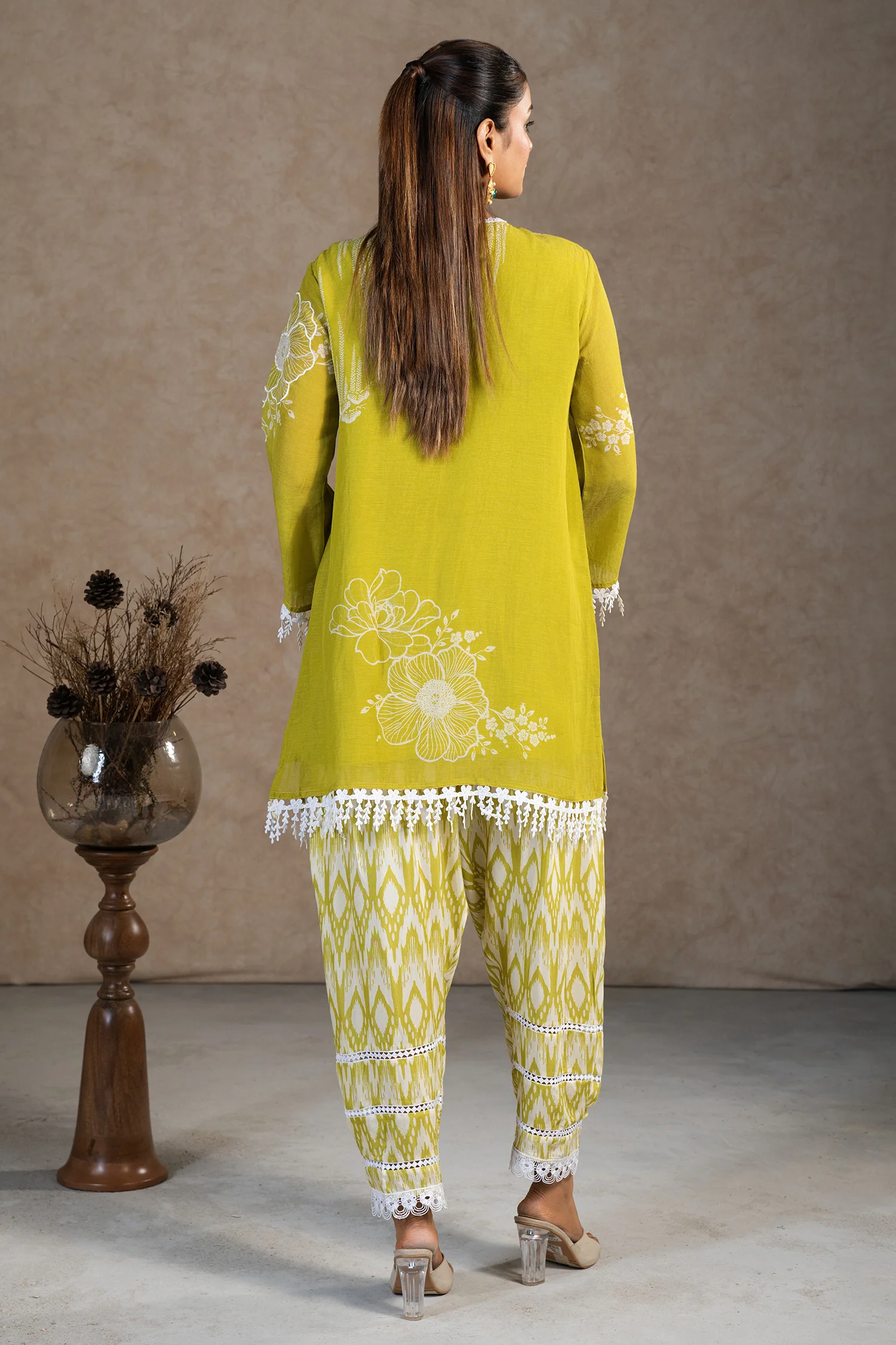 Olive Green Linen Floral Printed Co-Ord Set - Image 3
