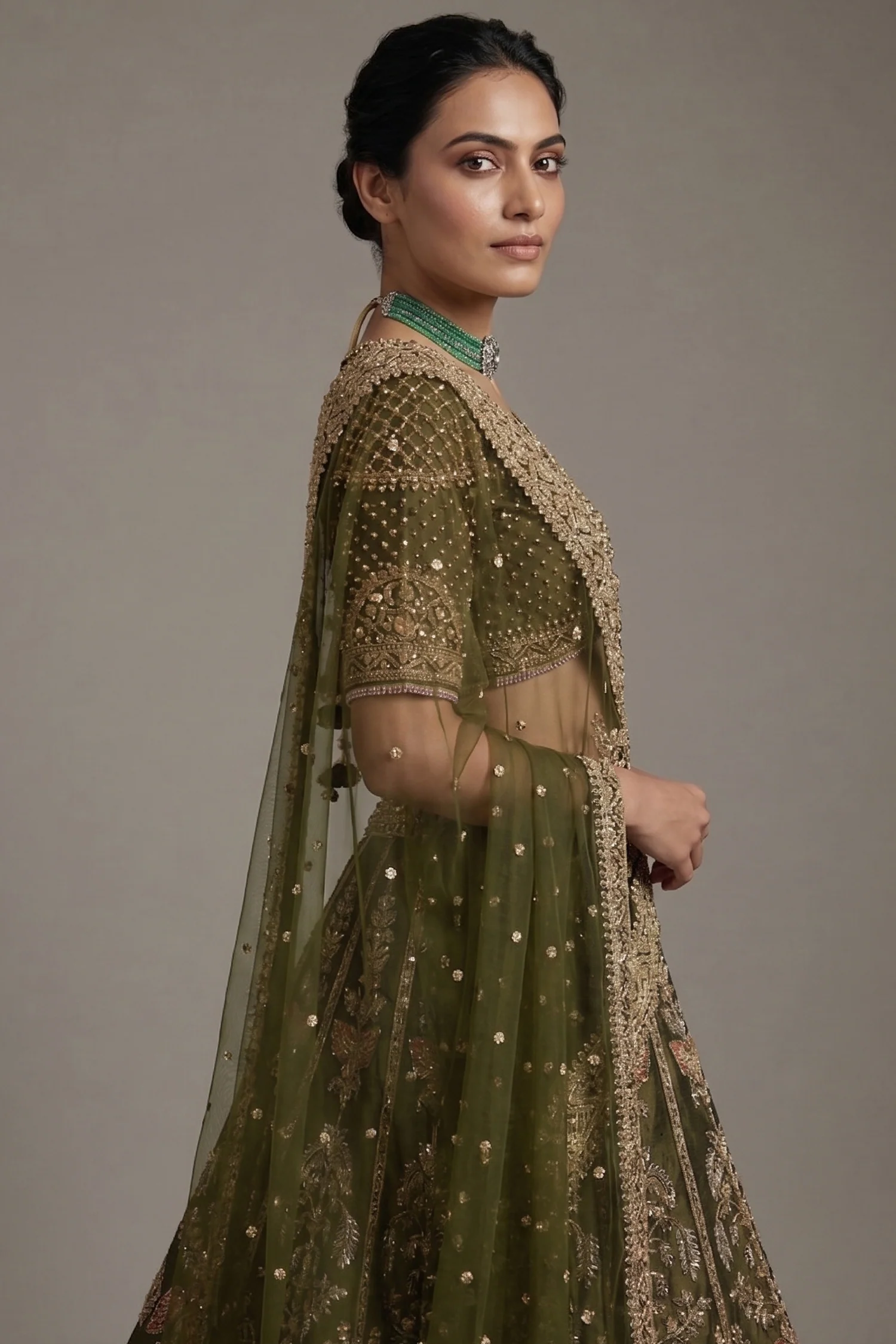 Olive Green Matka Silk Zardosi and Sequin Worked Lehenga with Double Dupatta - Image 2
