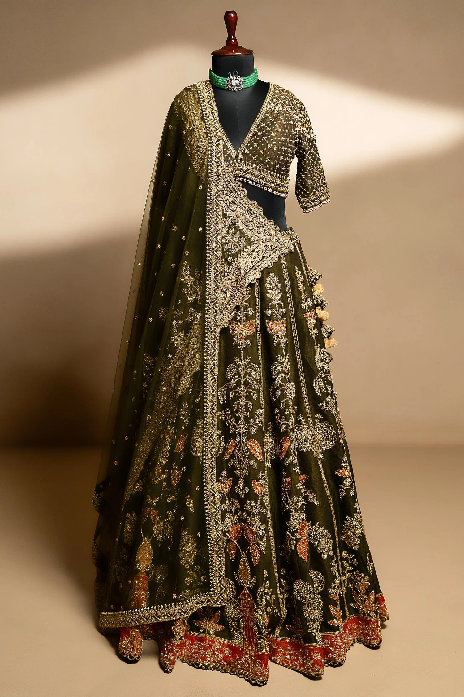 Olive Green Matka Silk Zardosi and Sequin Worked Lehenga with Double Dupatta - Image 3
