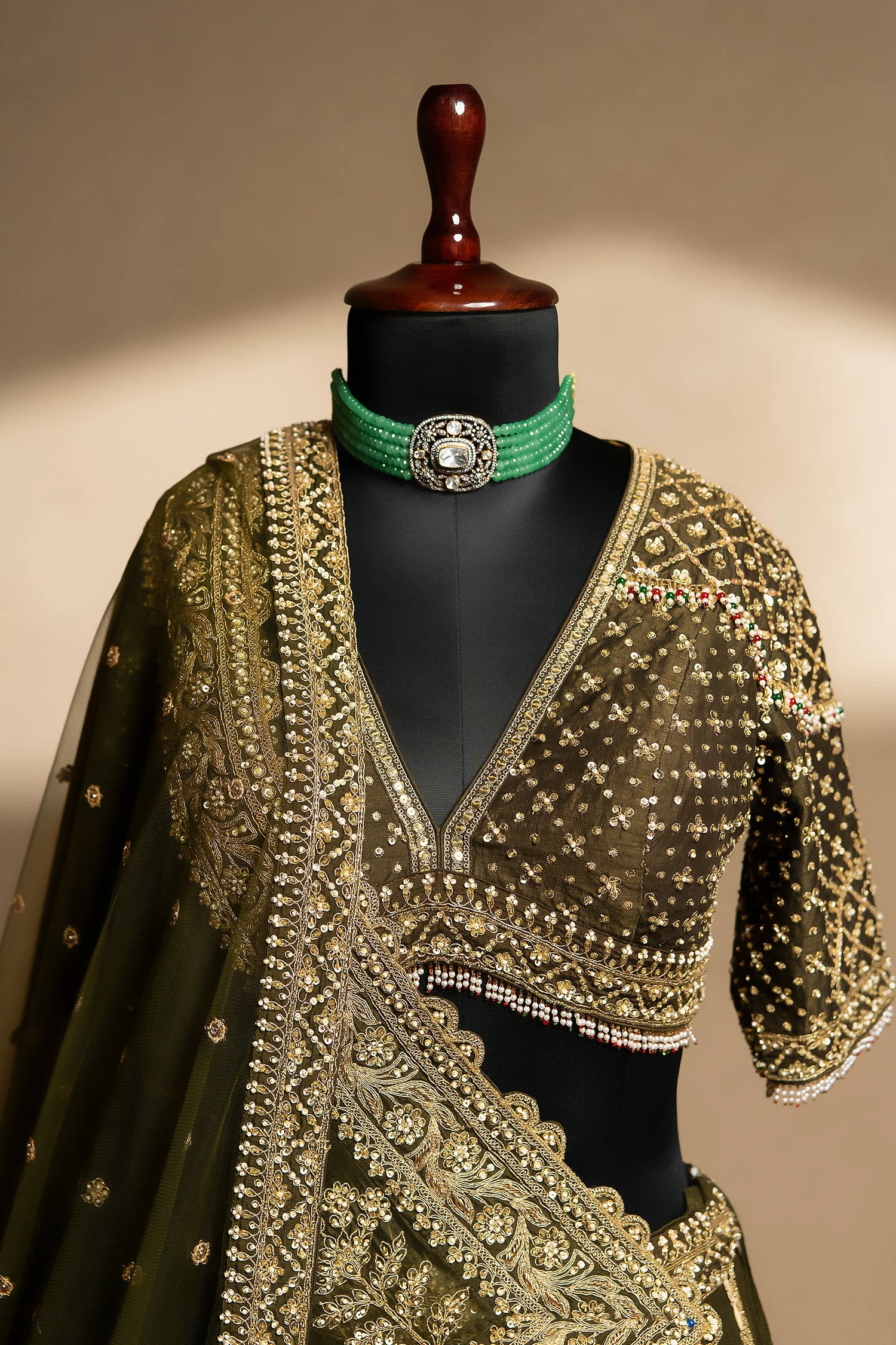 Olive Green Matka Silk Zardosi and Sequin Worked Lehenga with Double Dupatta - Image 4