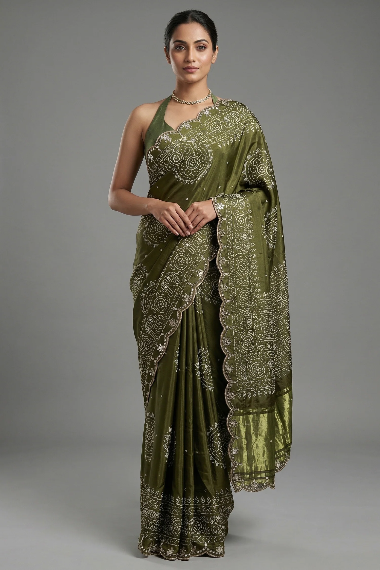 Olive Green Modal Silk Ajrakh Printed Saree with Applique and Gota Work