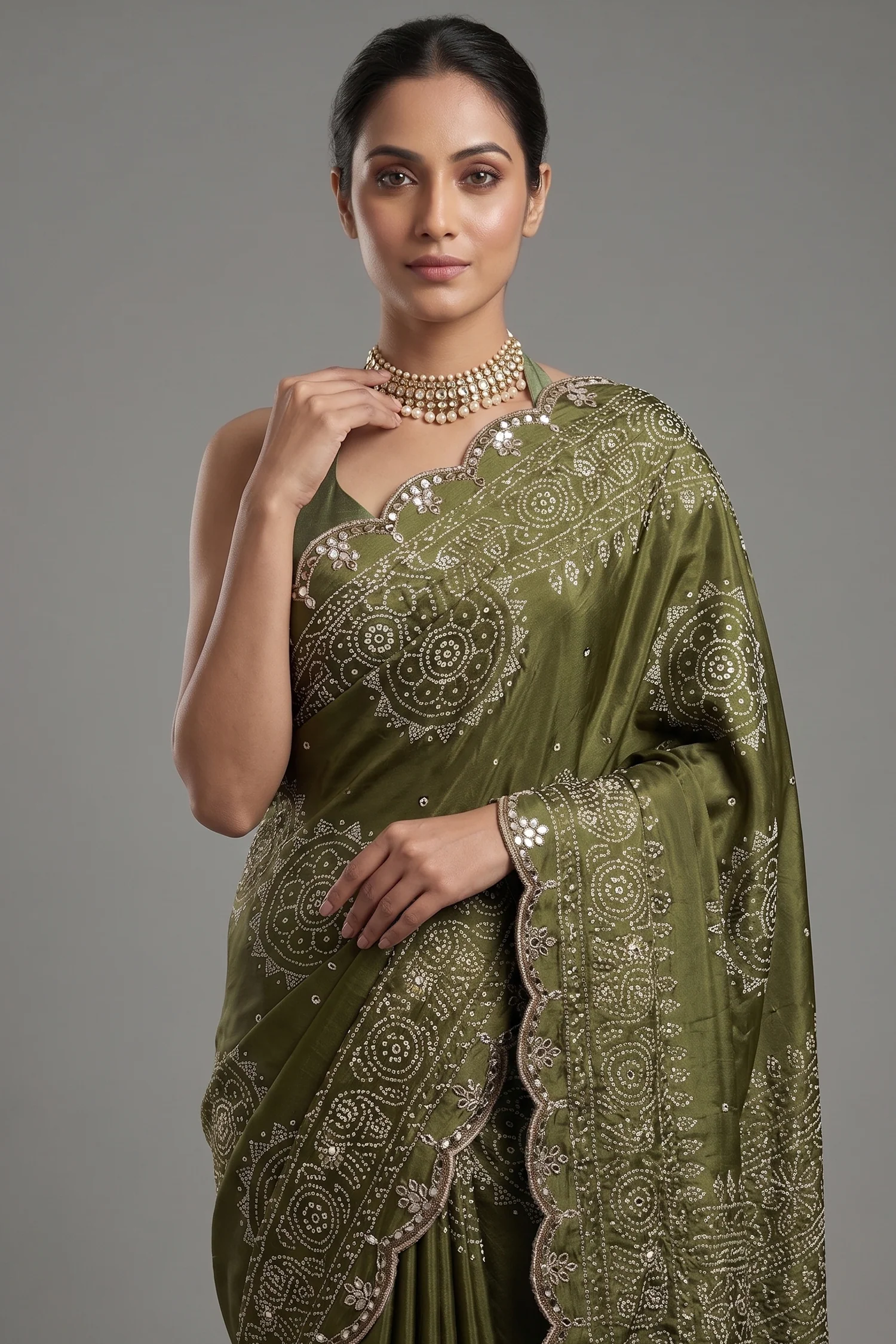 Olive Green Modal Silk Ajrakh Printed Saree with Applique and Gota Work - Image 2
