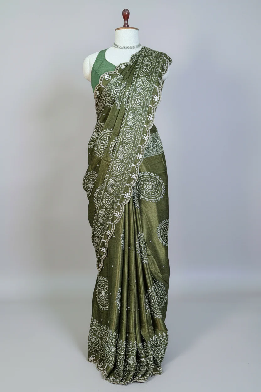 Olive Green Modal Silk Ajrakh Printed Saree with Applique and Gota Work - Image 3