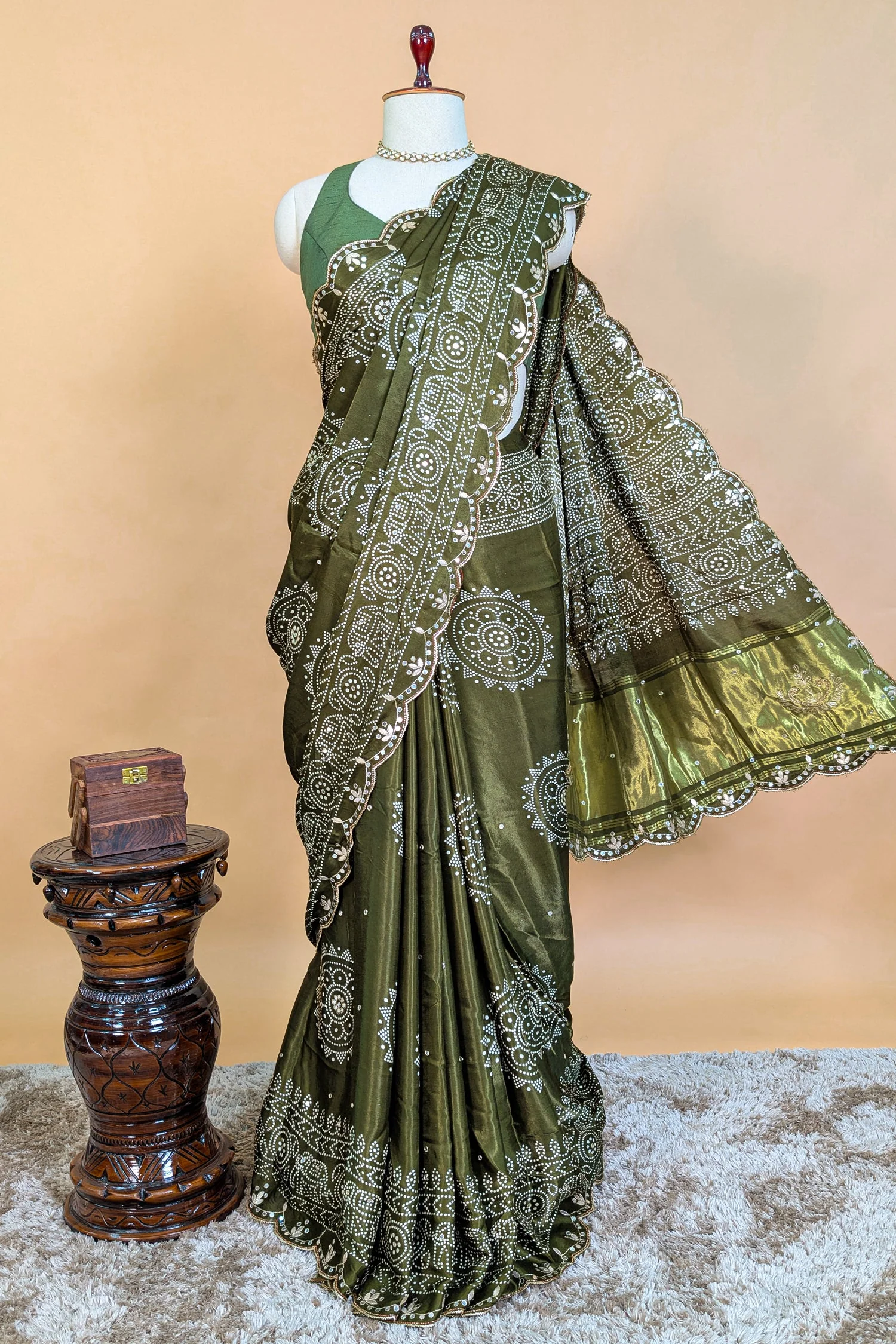 Olive Green Modal Silk Ajrakh Printed Saree with Applique and Gota Work - Image 4