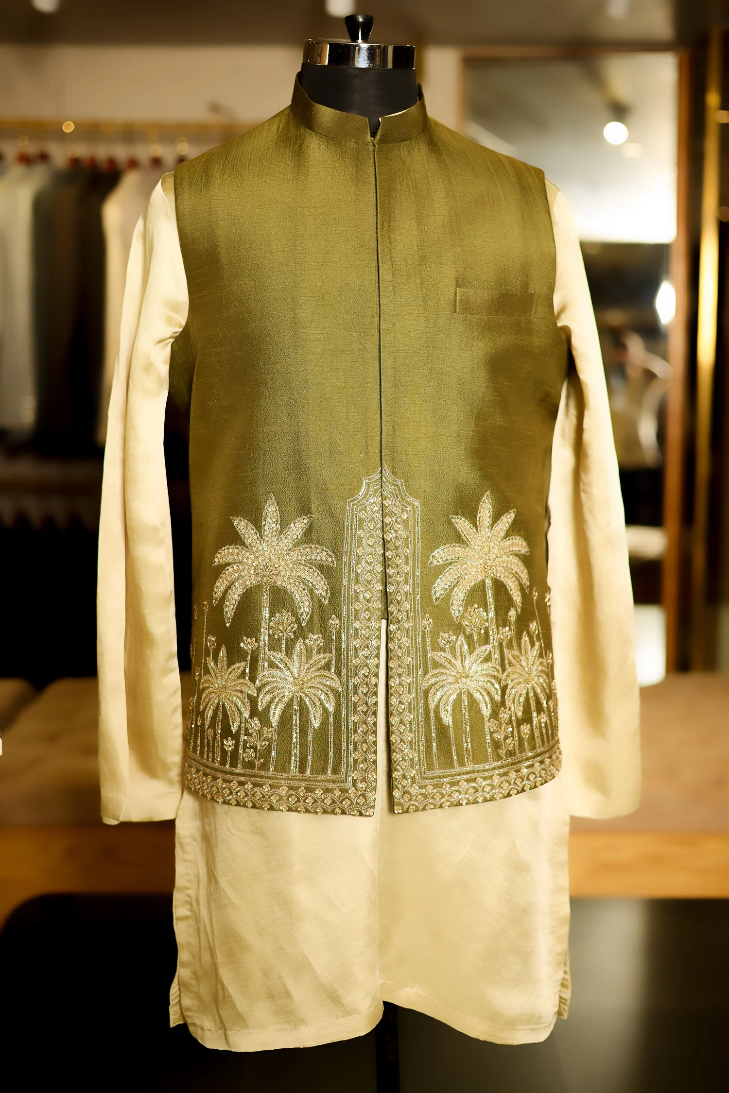 Olive Green Modal Silk Kurta Set with Zardosi Cutdana Worked Jacket - Image 2