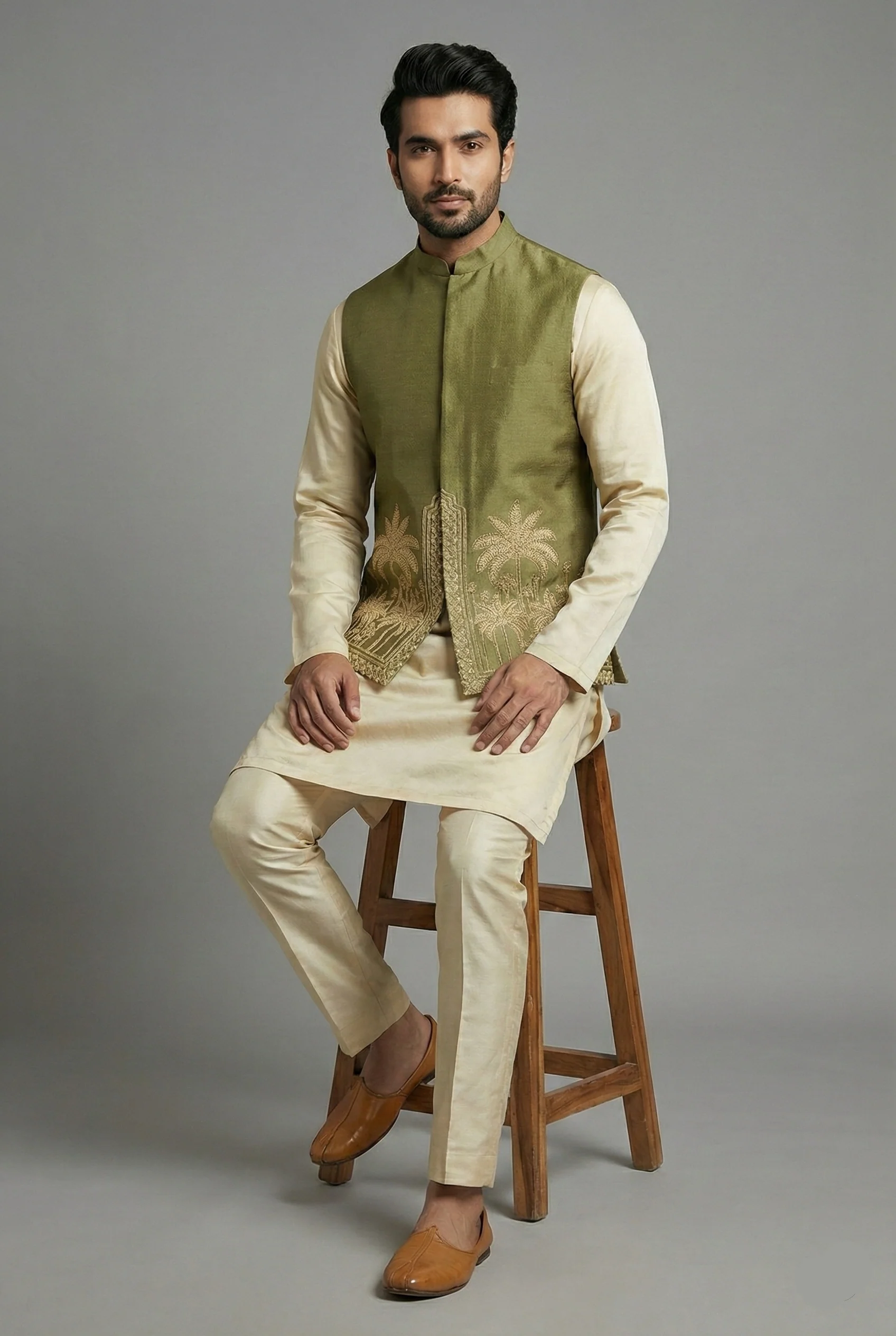 Olive Green Modal Silk Kurta Set with Zardosi Cutdana Worked Jacket - Image 3