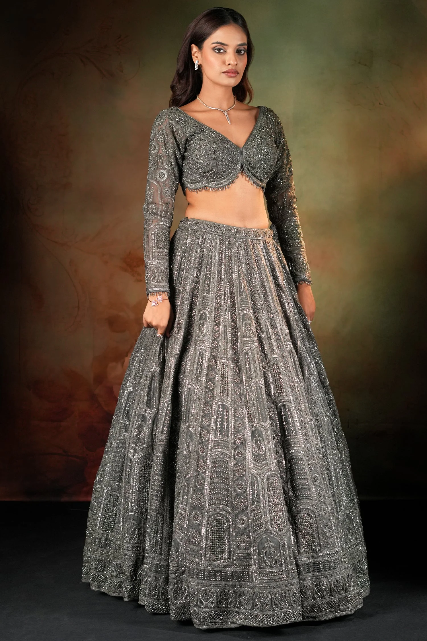 Olive Green Net Designer Sequin Beaded Lehenga - Image 2