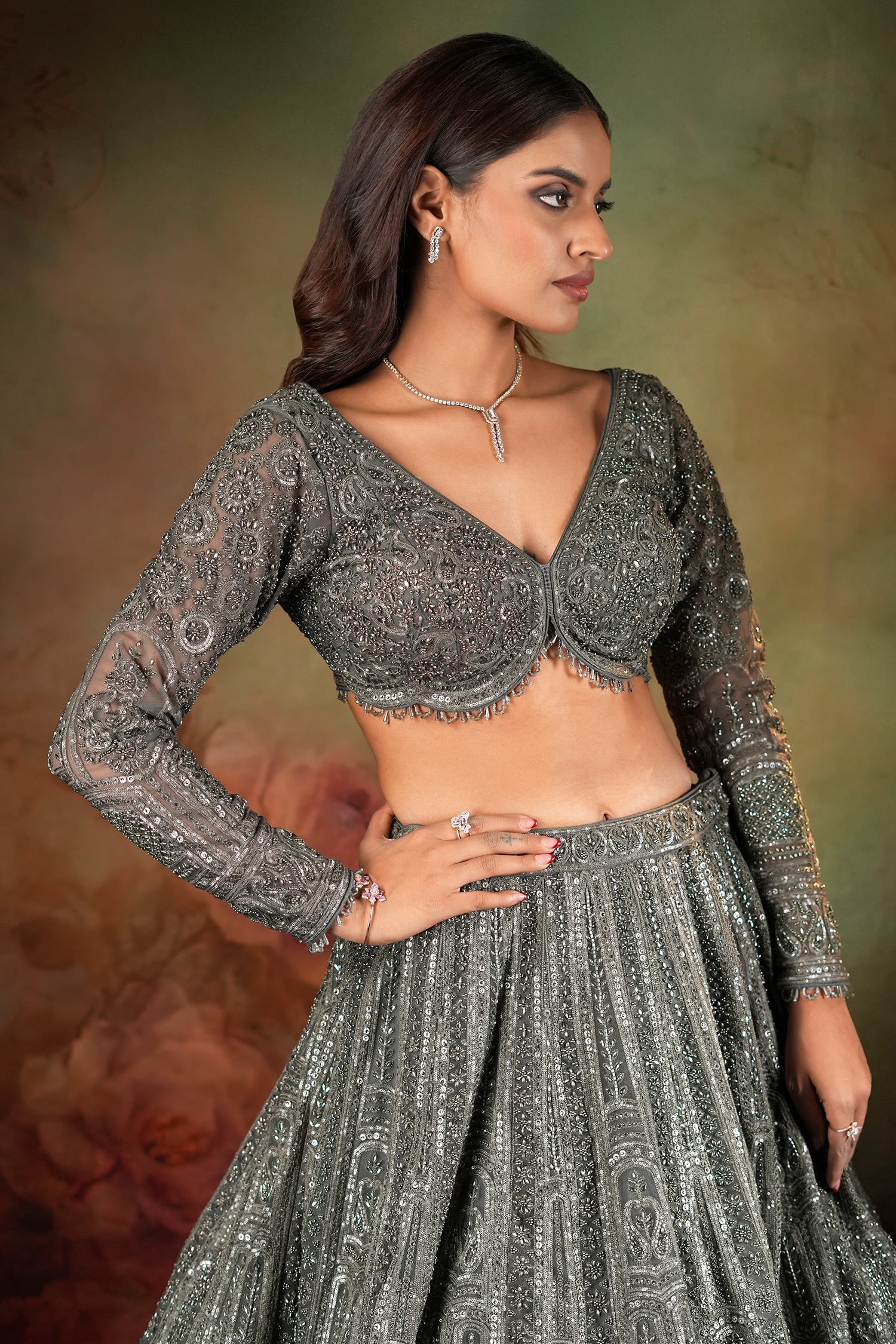 Olive Green Net Designer Sequin Beaded Lehenga - Image 3