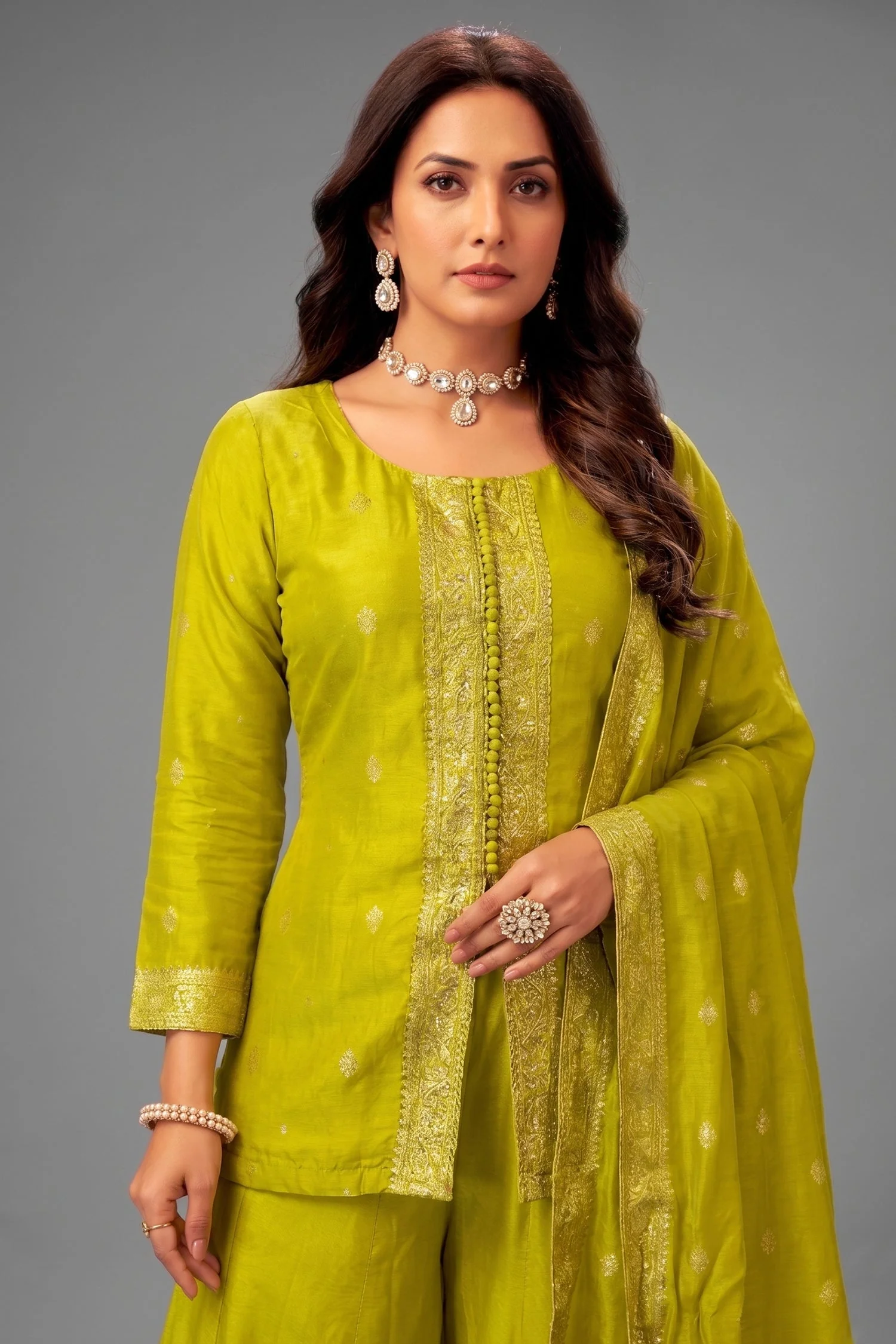 Olive Green Organza Woven Palazzo Suit - Image 2