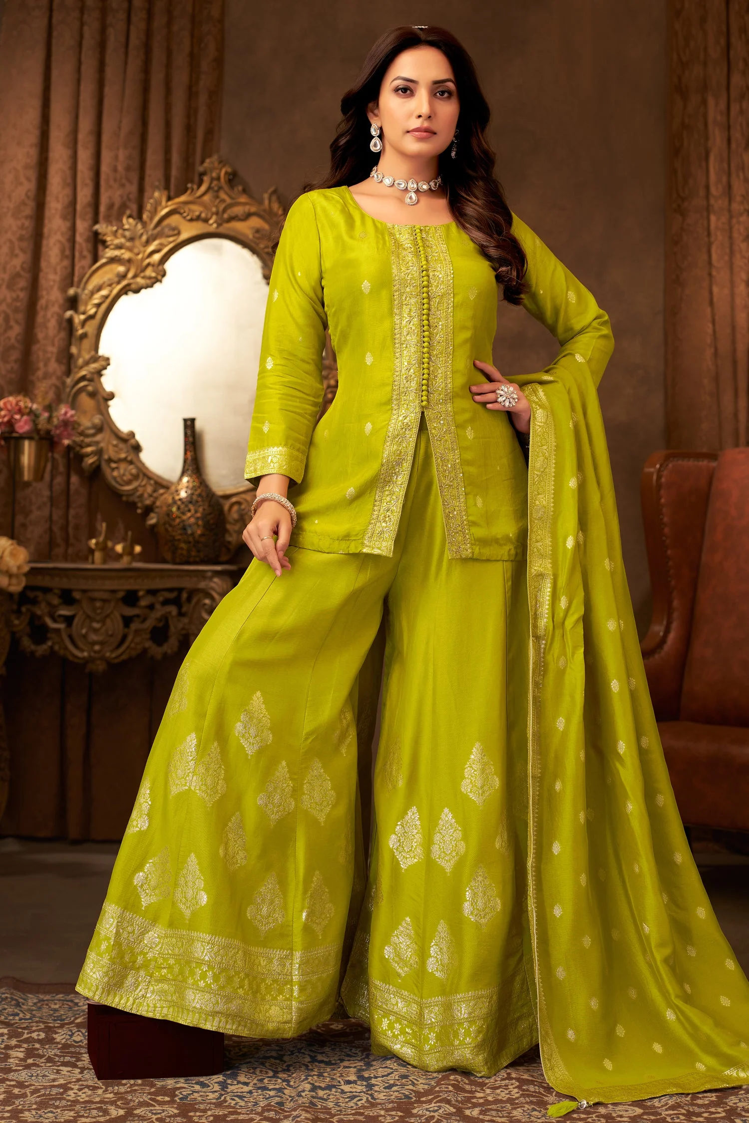 Olive Green Organza Woven Palazzo Suit - Image 3