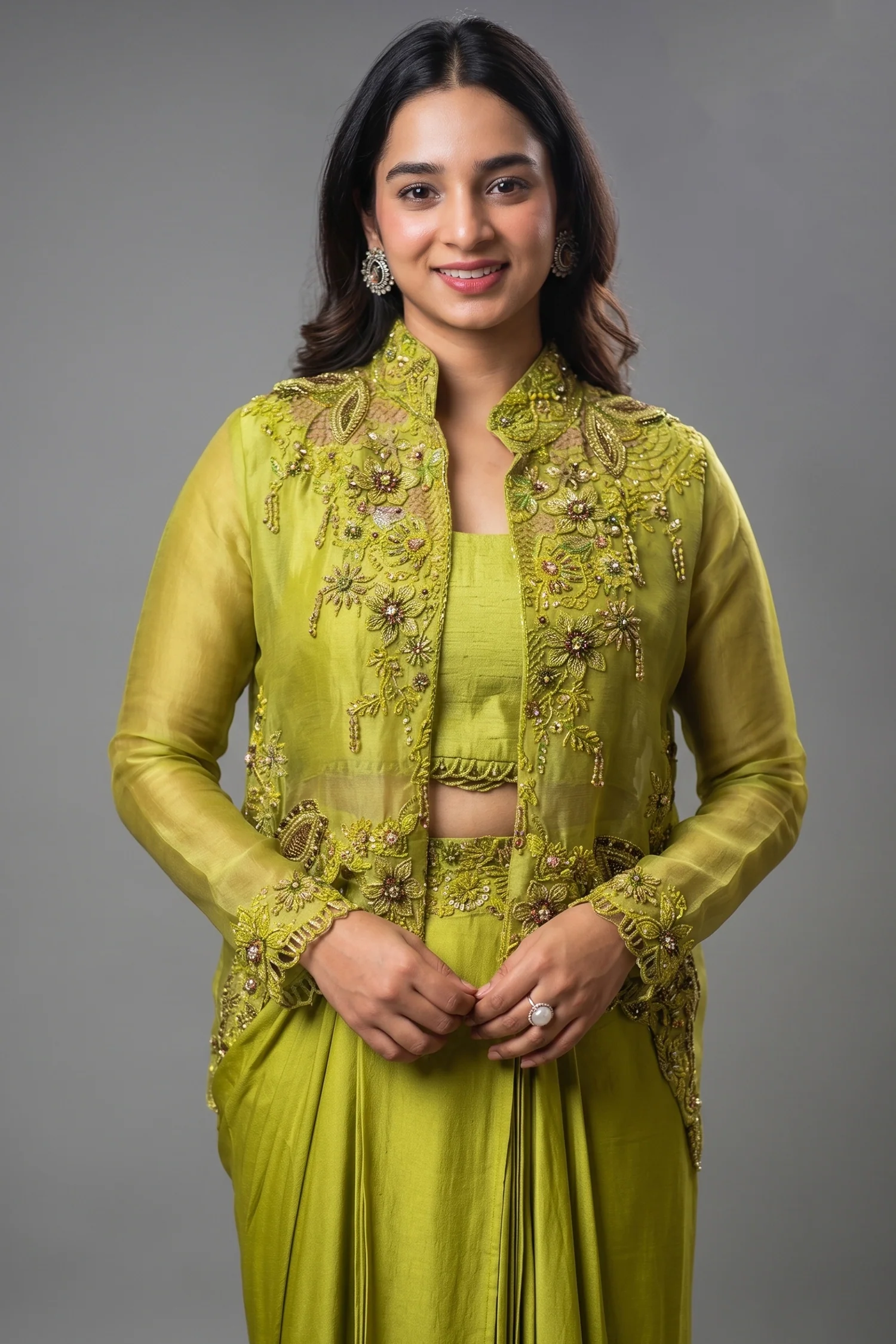 Olive Green Raw Silk Designer Heavy Worked Crop Top Jacket with Pleated Dhoti Skirt - Image 2