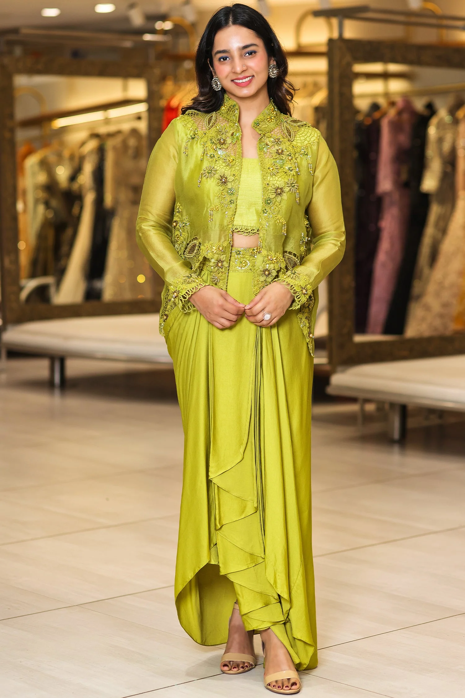 Olive Green Raw Silk Designer Heavy Worked Crop Top Jacket with Pleated Dhoti Skirt - Image 3