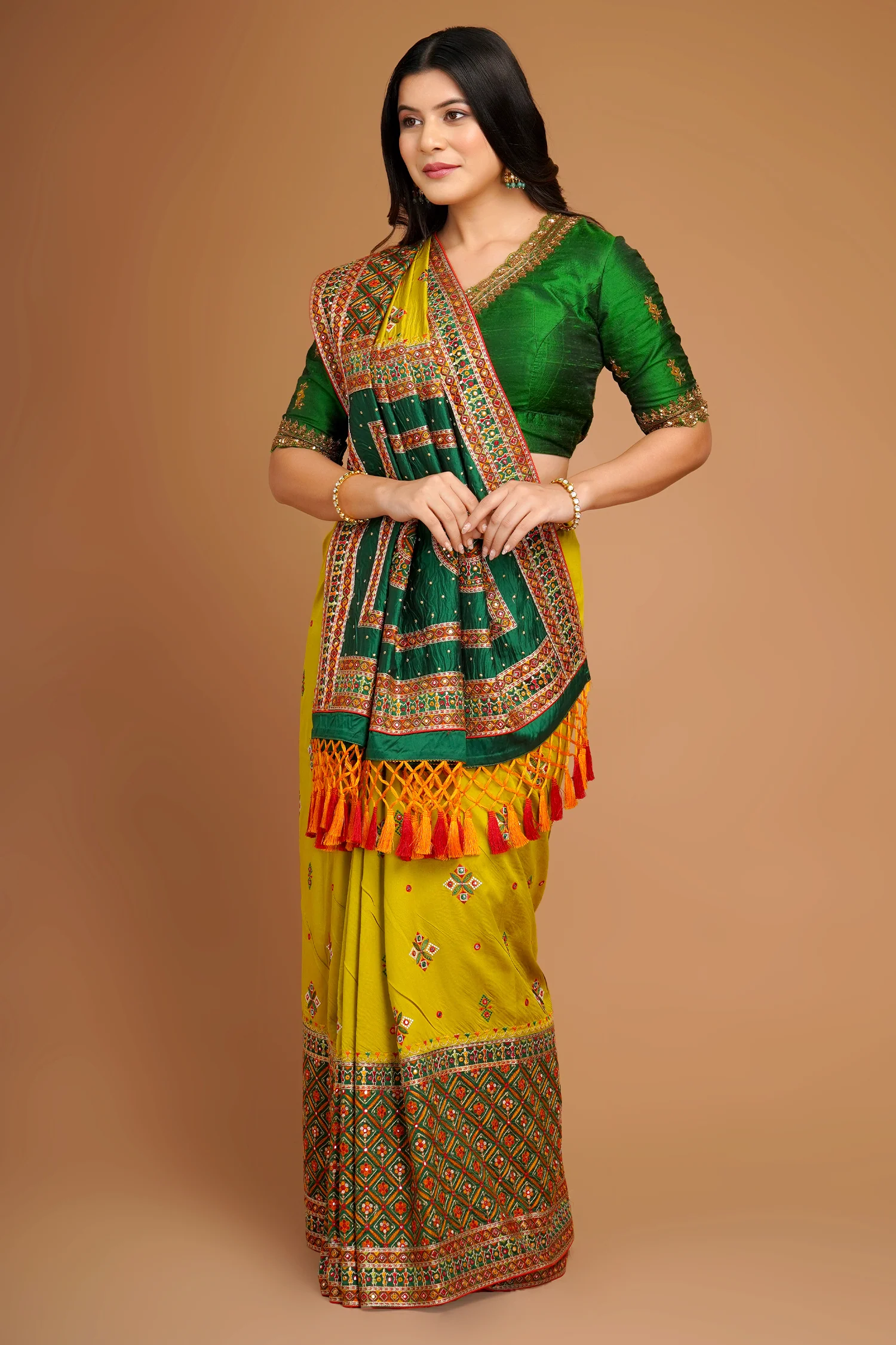 Olive Green Silk Broad Embroidered Border Saree with Tassels - Image 2