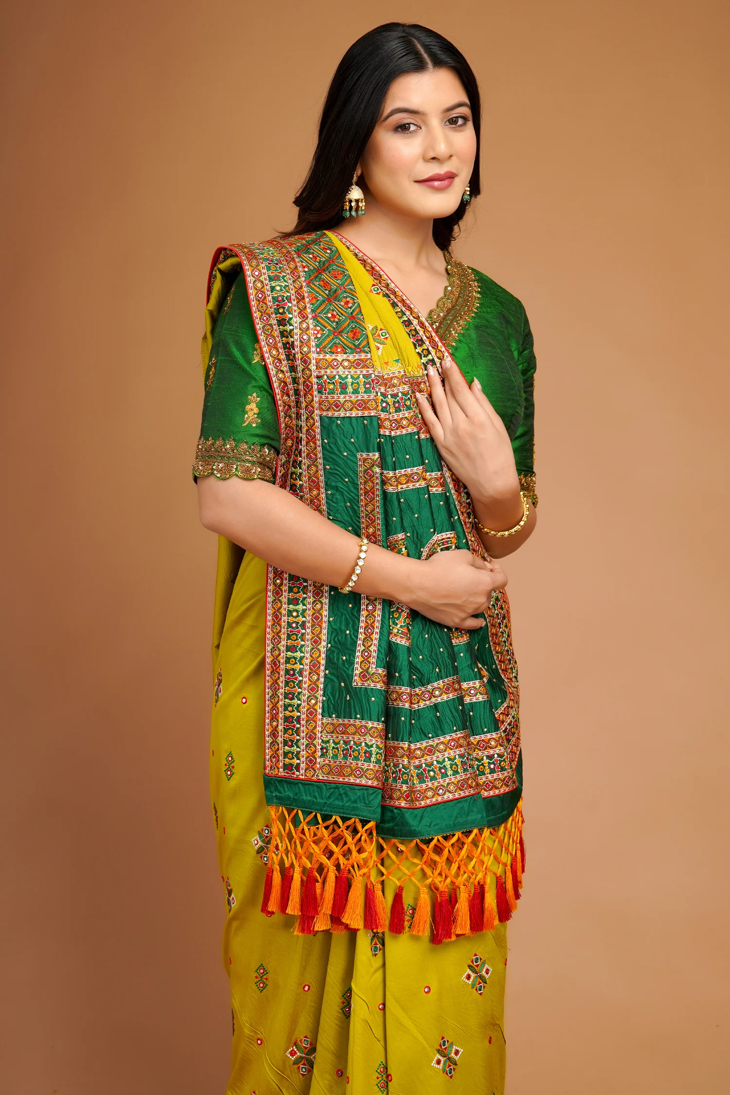 Olive Green Silk Broad Embroidered Border Saree with Tassels - Image 3