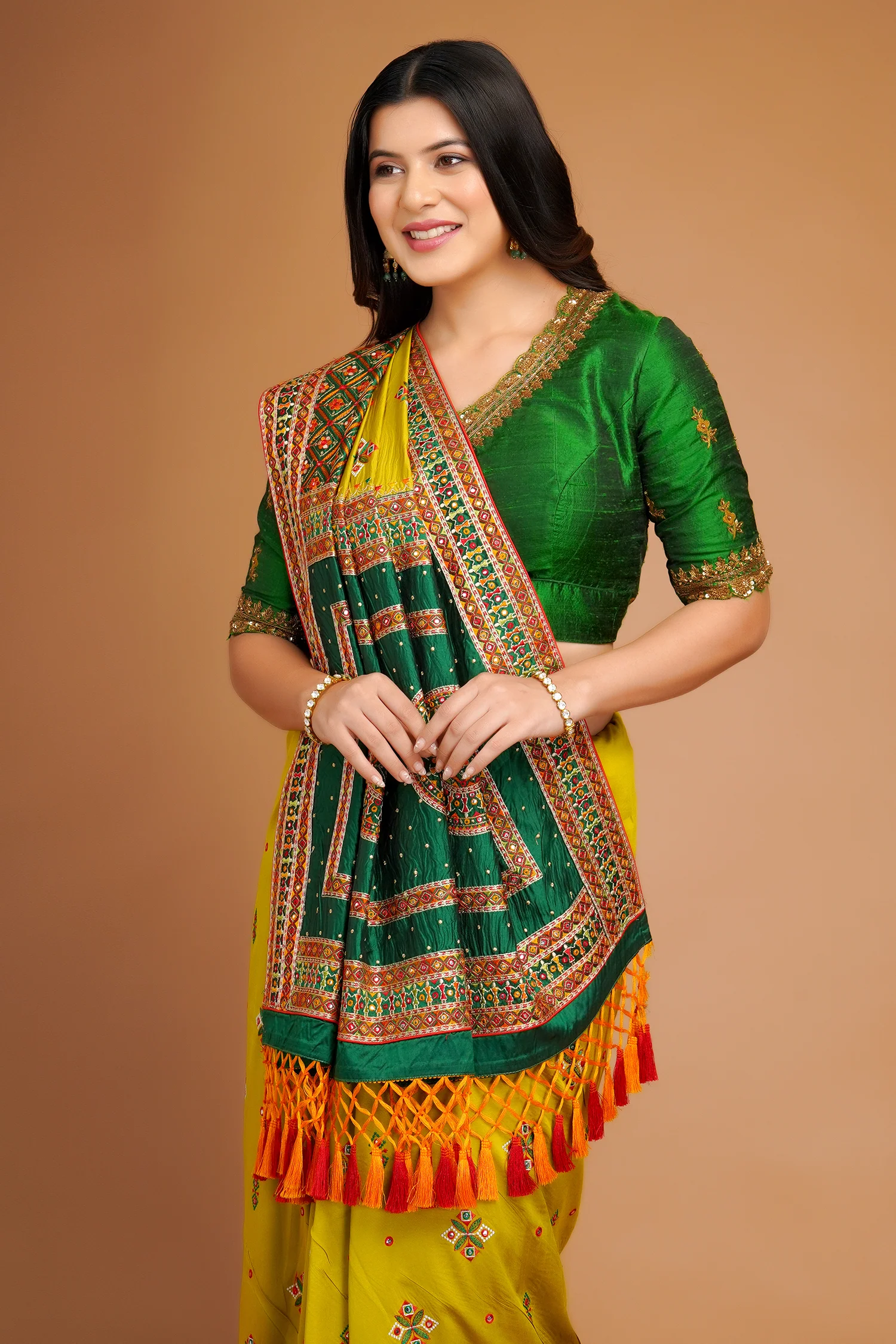 Olive Green Silk Broad Embroidered Border Saree with Tassels - Image 4