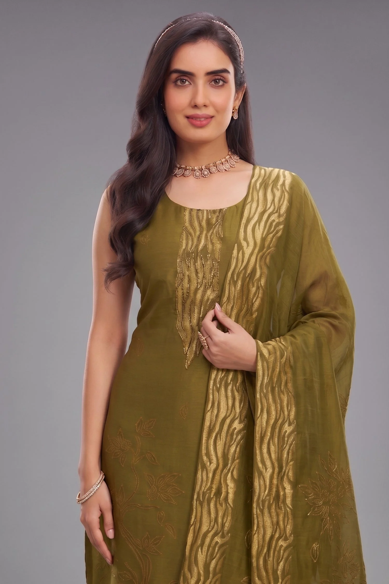 Olive Green Tissue Organza Straight Cut Suit with Cutdana Work - Image 2