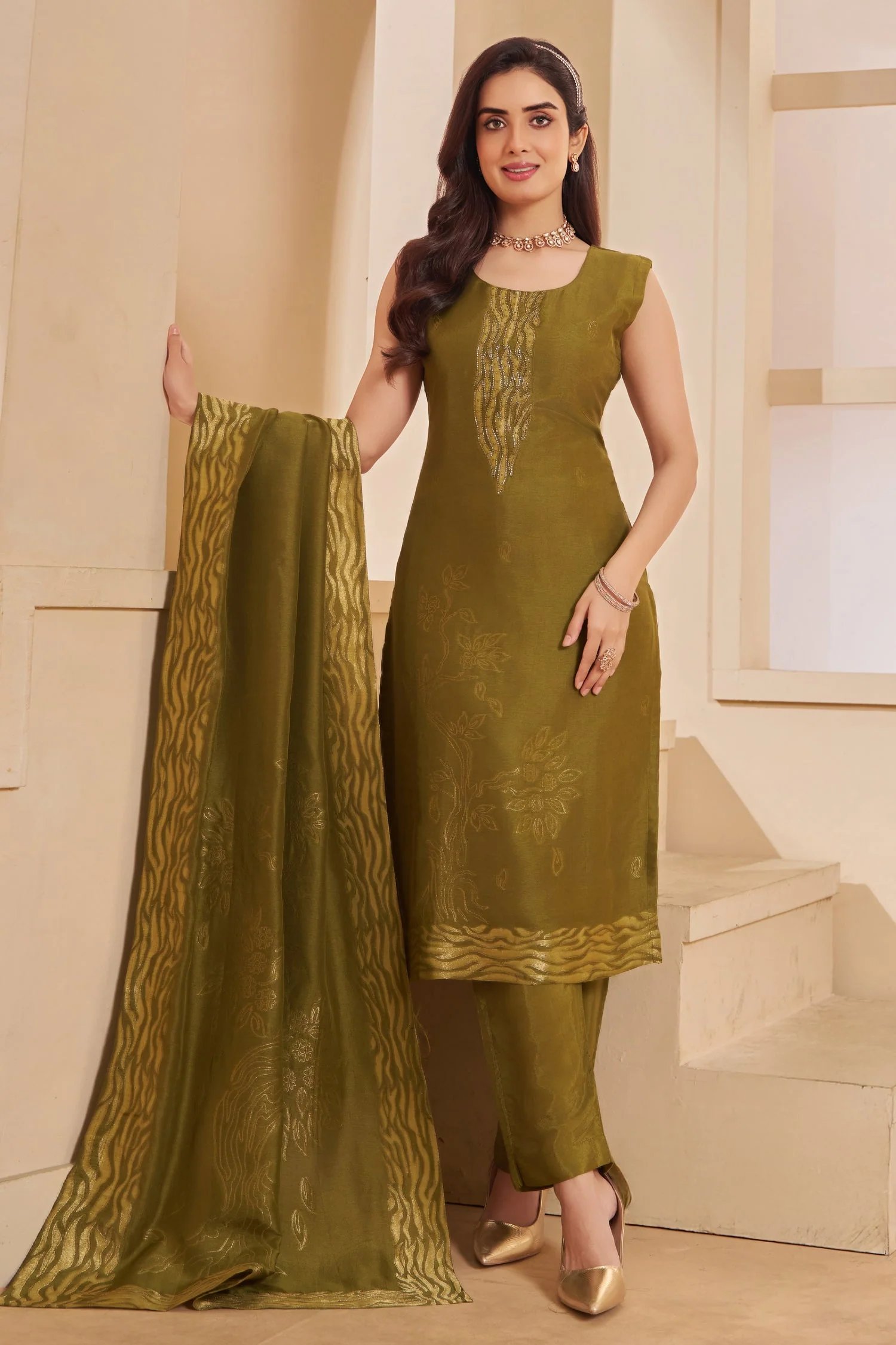 Olive Green Tissue Organza Straight Cut Suit with Cutdana Work - Image 3