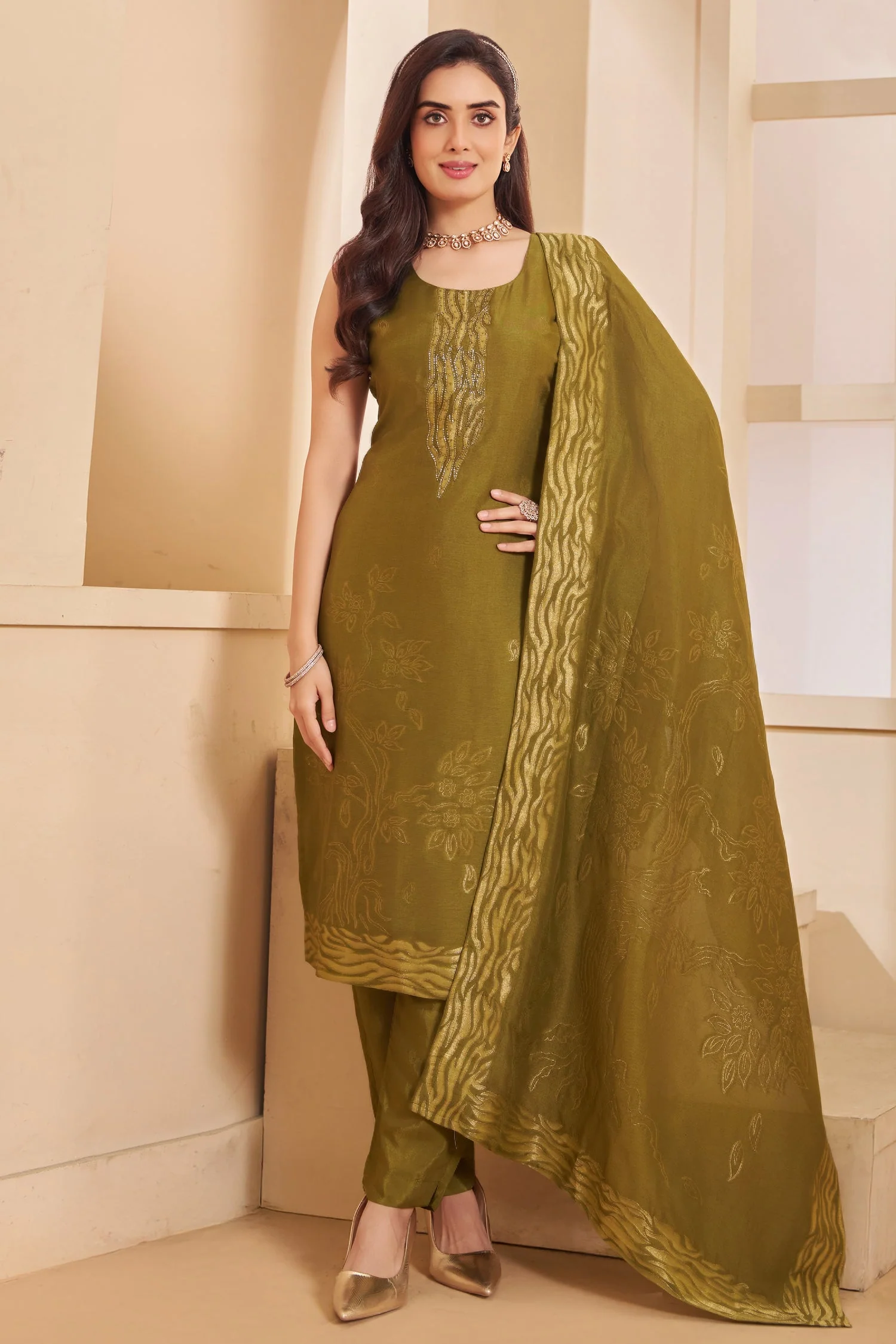 Olive Green Tissue Organza Straight Cut Suit with Cutdana Work - Image 4
