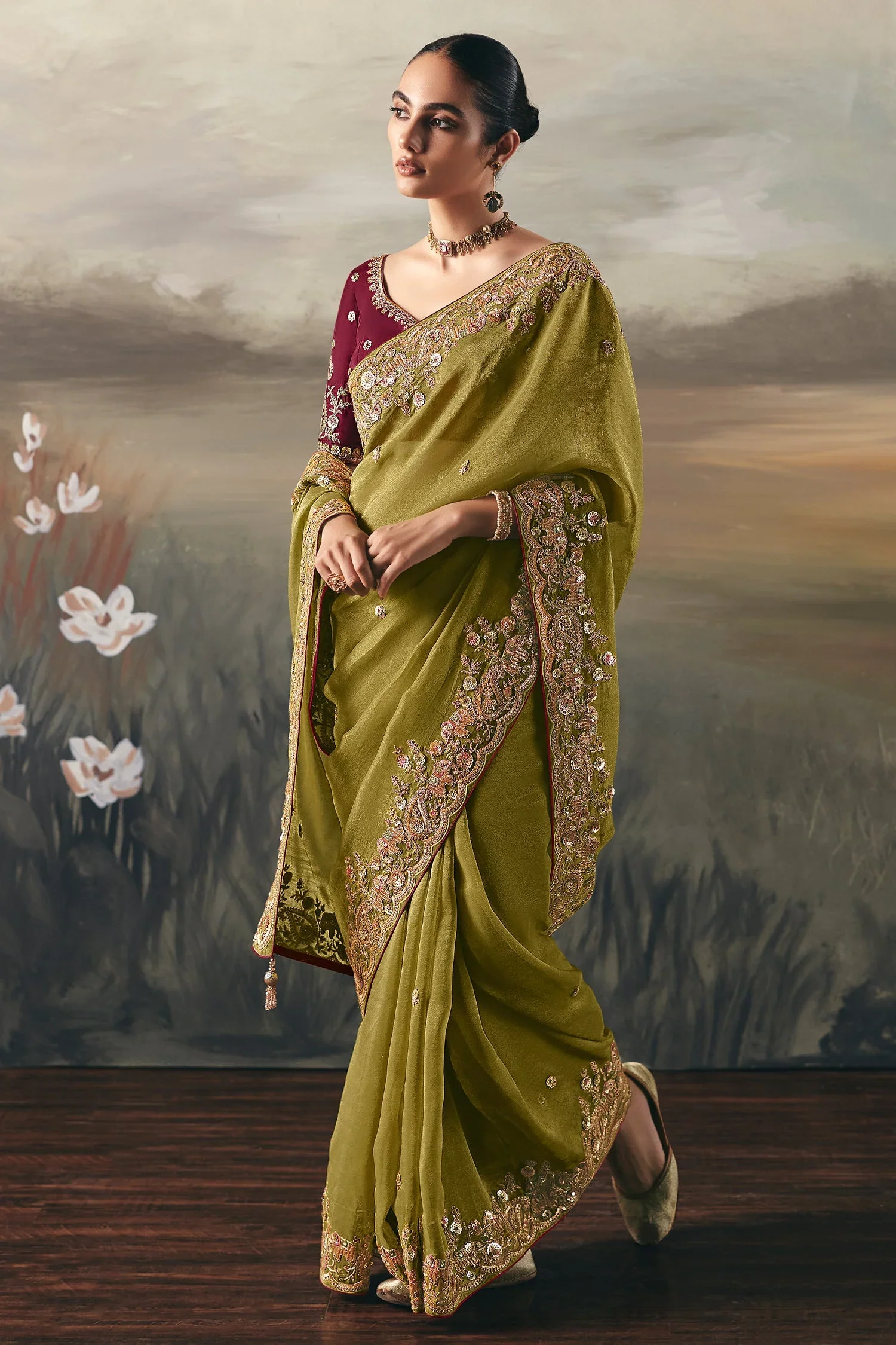 Olive Green Tissue Saree with Sequin and Embroidered Border - Image 2