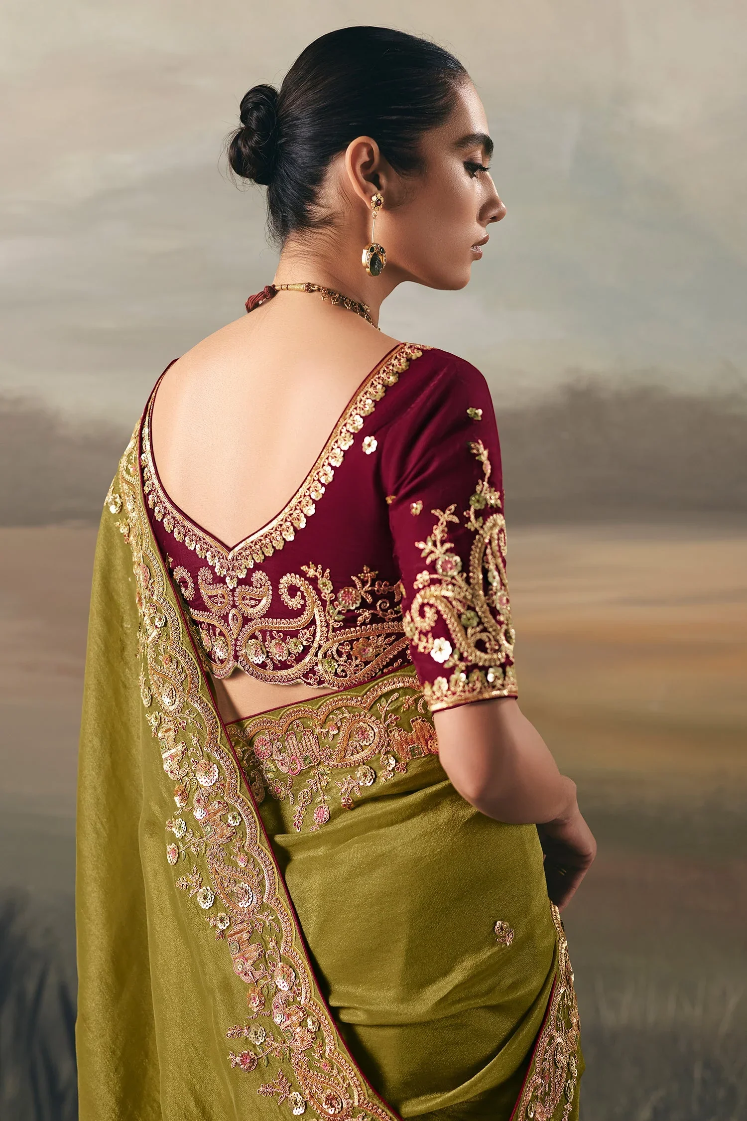 Olive Green Tissue Saree with Sequin and Embroidered Border - Image 3