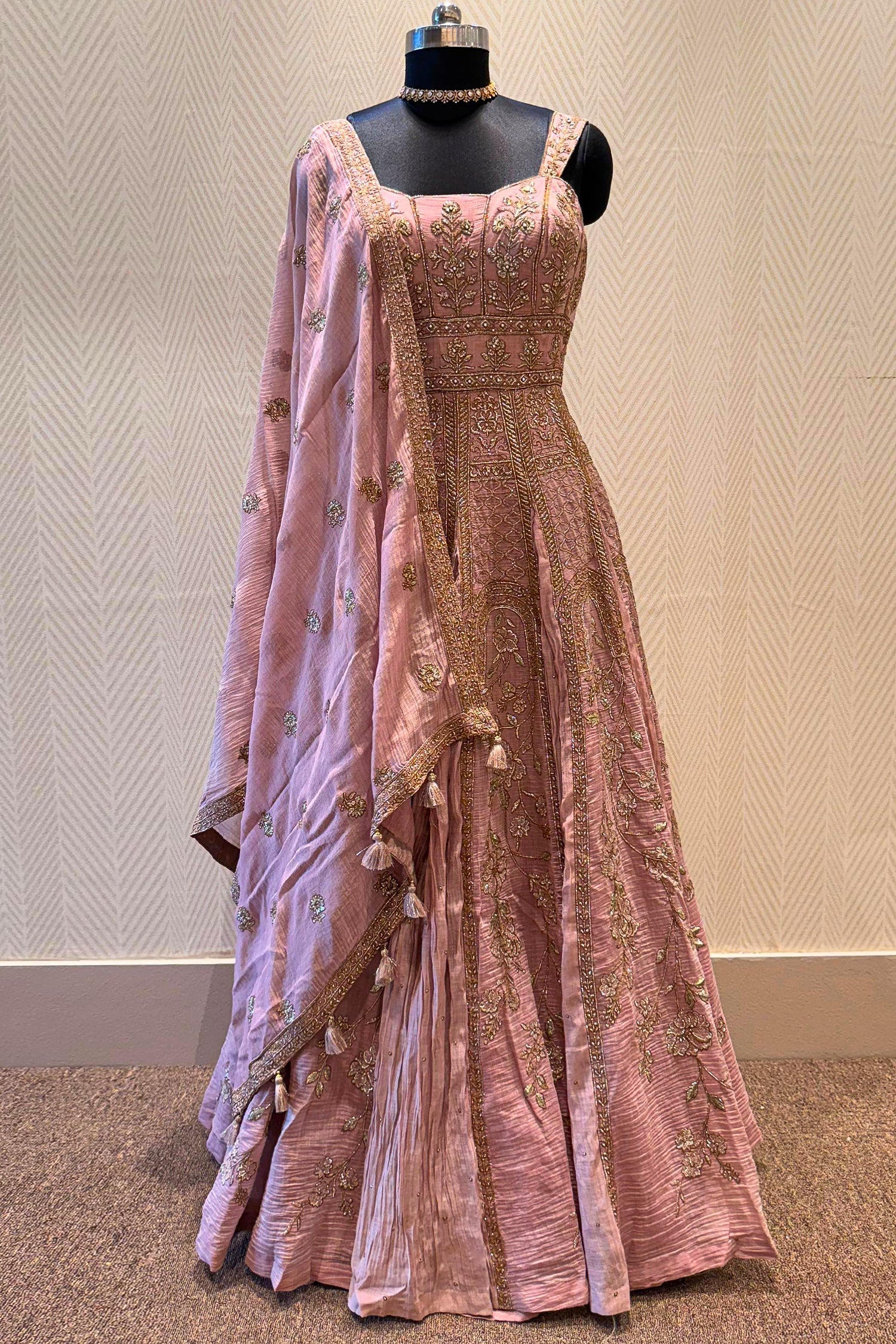 Onion Pink Embroidered Anarakli Suit with Dupatta in Mul Chanderi - Image 3
