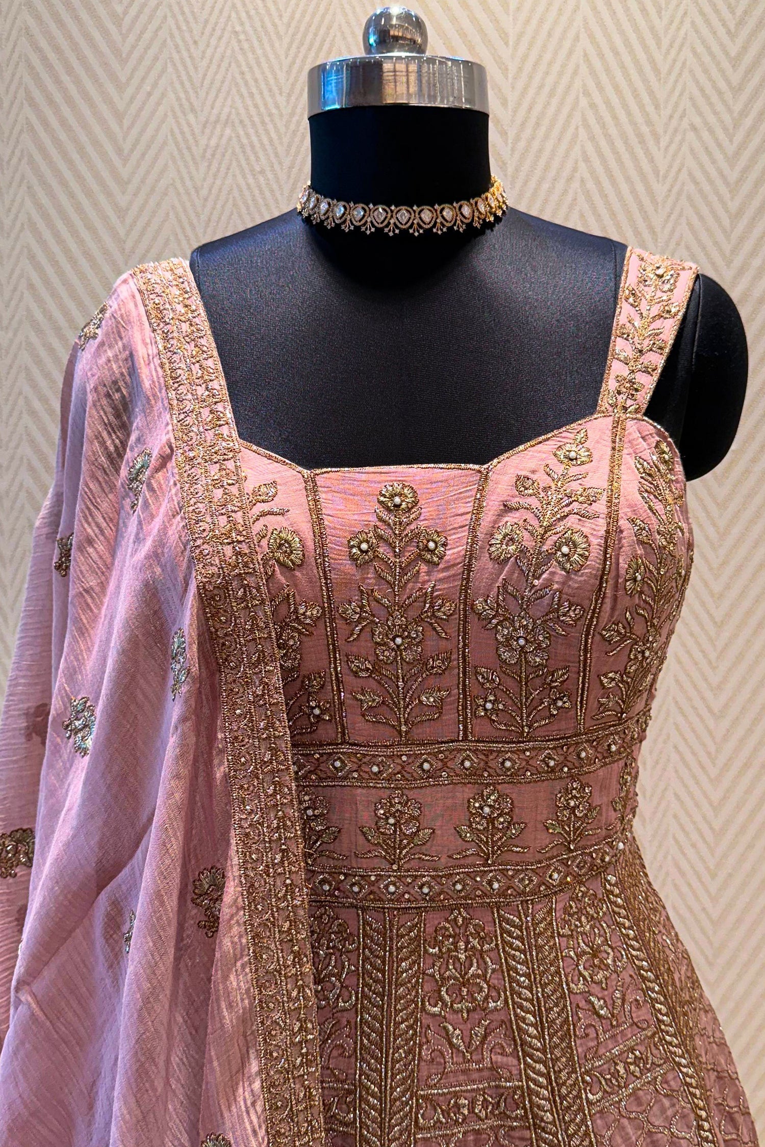 Onion Pink Embroidered Anarakli Suit with Dupatta in Mul Chanderi - Image 4