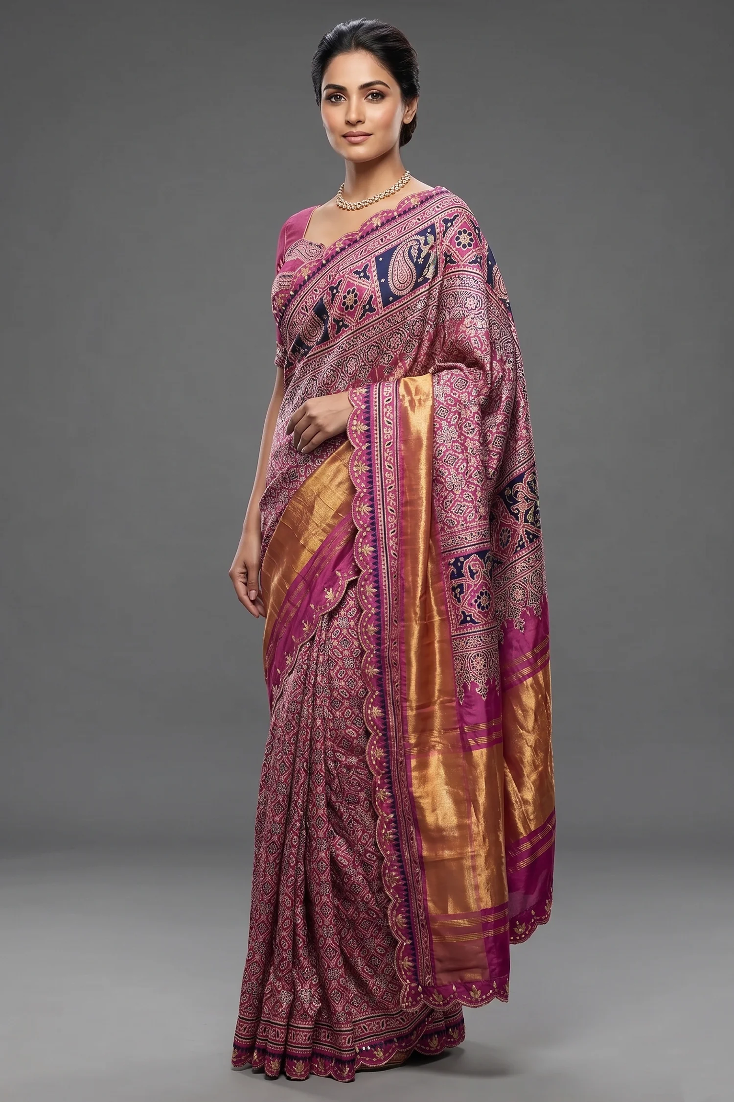 Onion Pink Modal Silk Ajrakh Printed Saree with Applique and Gota Work