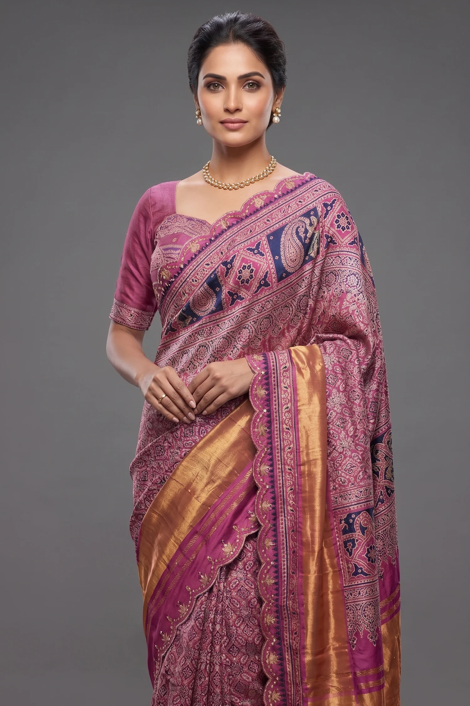 Onion Pink Modal Silk Ajrakh Printed Saree with Applique and Gota Work - Image 2