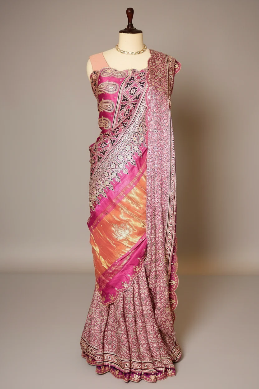 Onion Pink Modal Silk Ajrakh Printed Saree with Applique and Gota Work - Image 3
