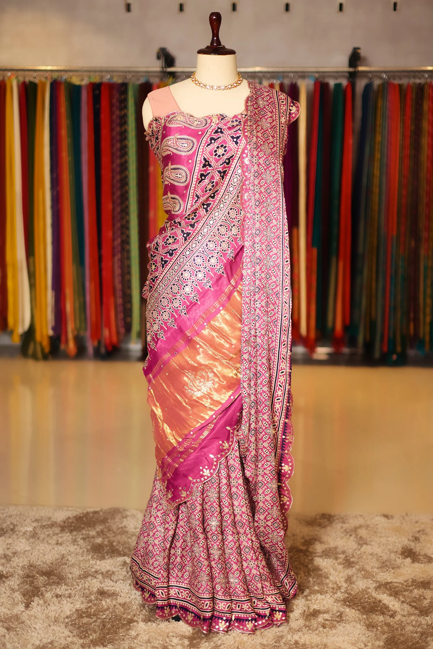 Onion Pink Modal Silk Ajrakh Printed Saree with Applique and Gota Work - Image 4