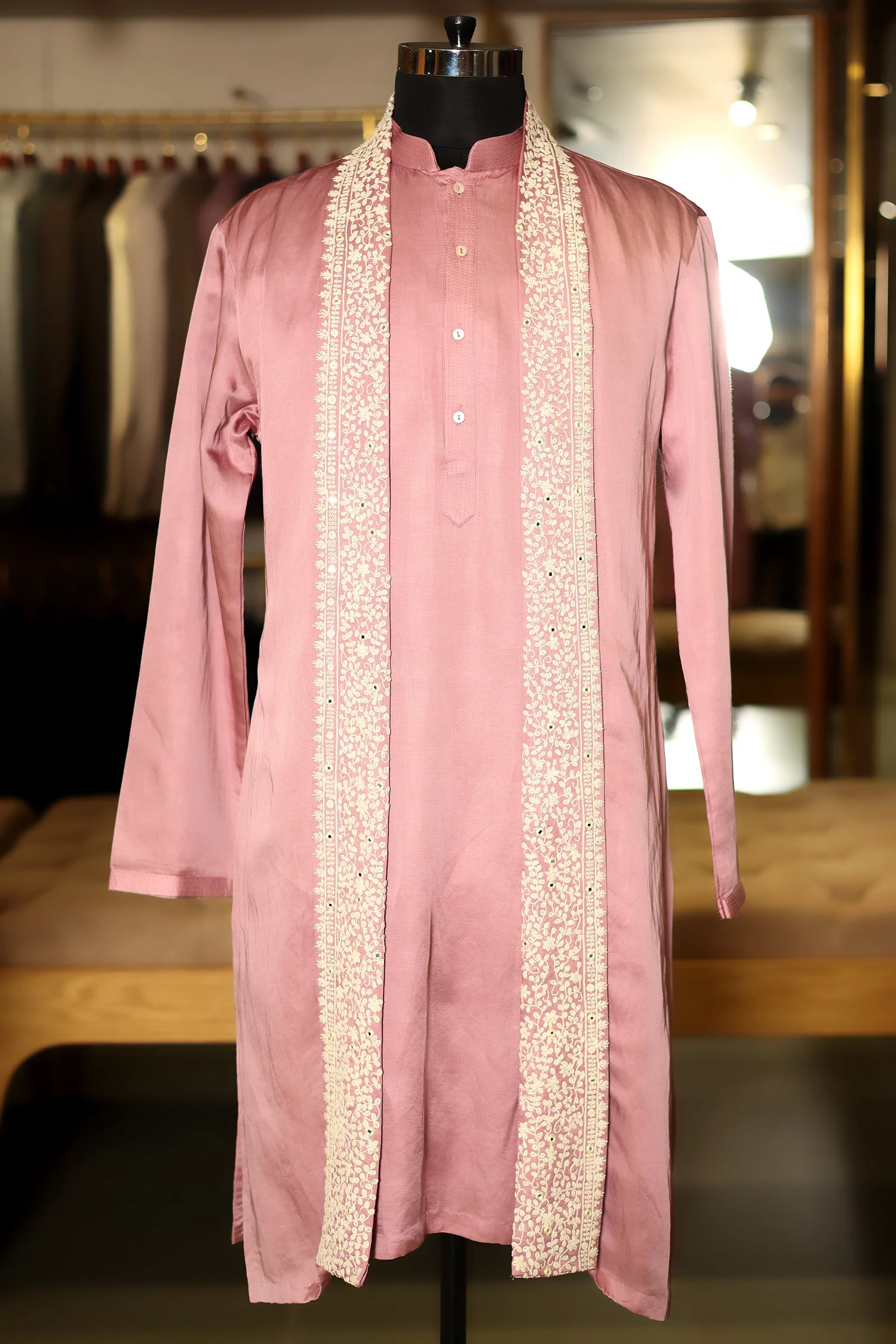 Onion Pink Silk Mirror Embroidered Kurta Pajama - Image 2