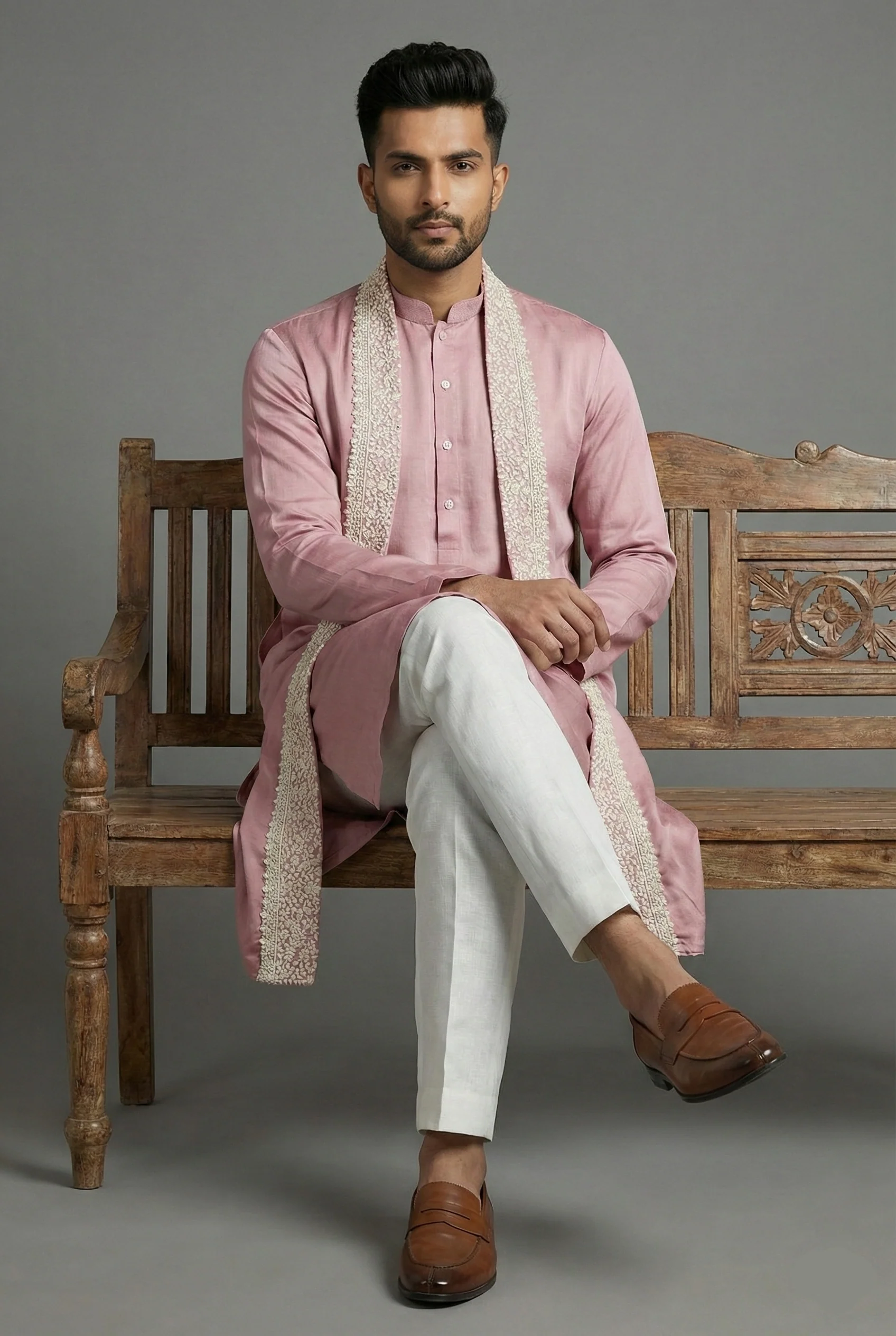 Onion Pink Silk Mirror Embroidered Kurta Pajama - Image 3