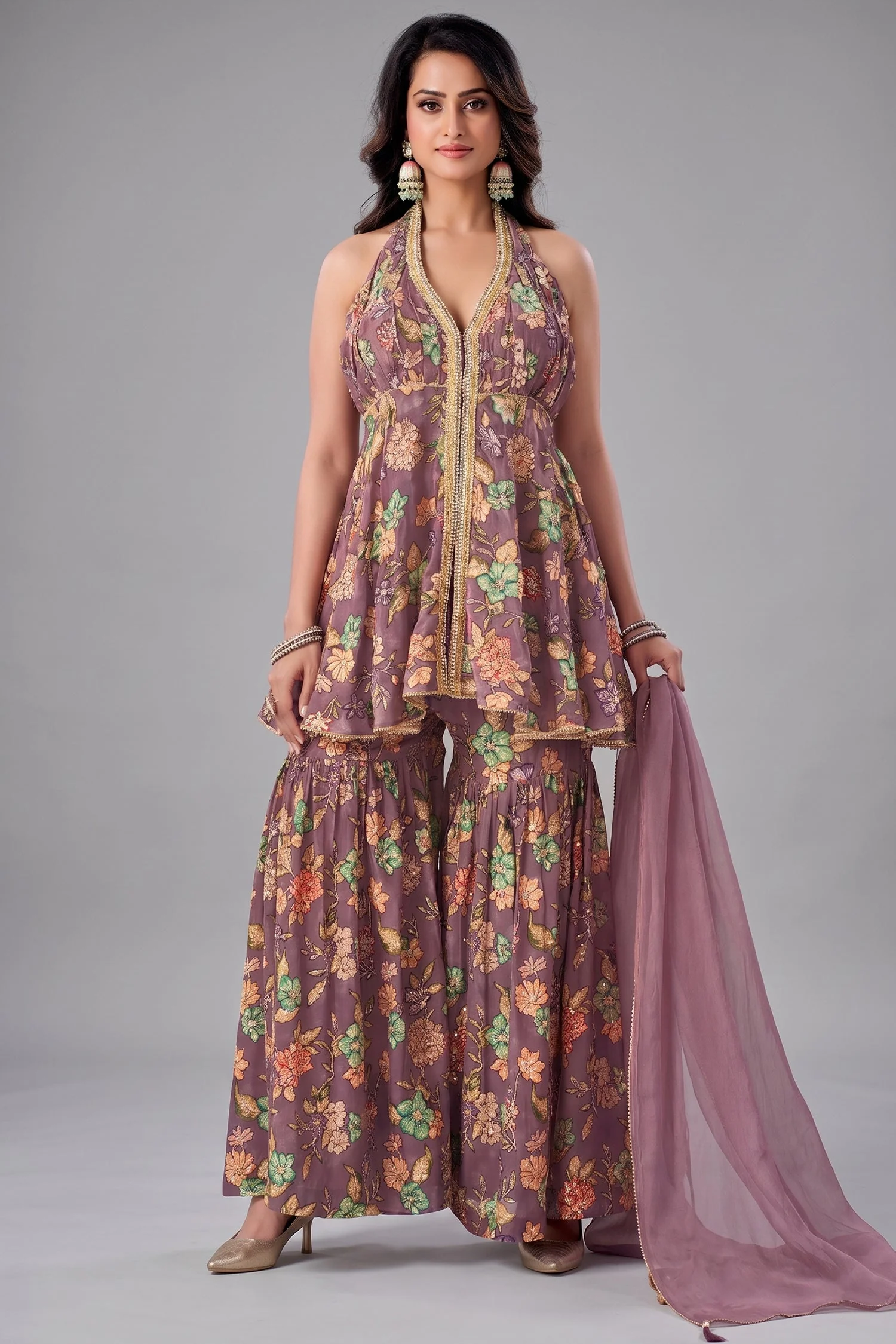 Onion Pink Tissue Floral Printed and Sequin Worked Sharara Suit