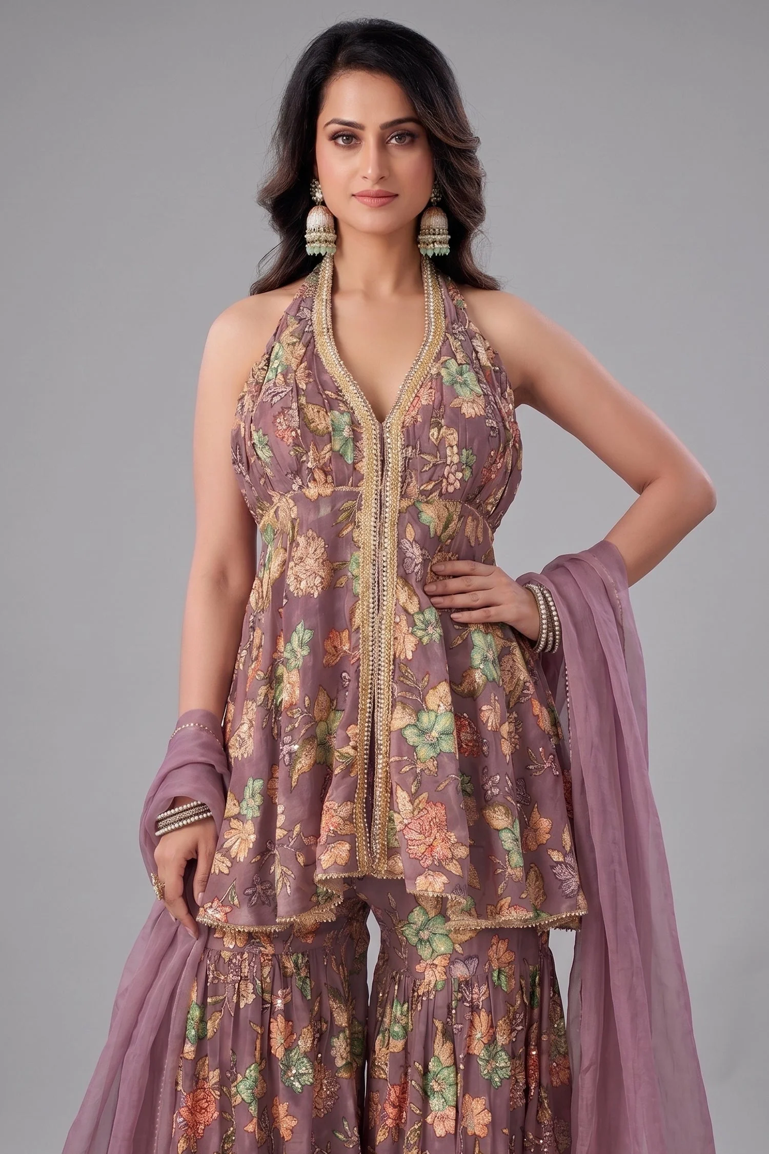 Onion Pink Tissue Floral Printed and Sequin Worked Sharara Suit - Image 2