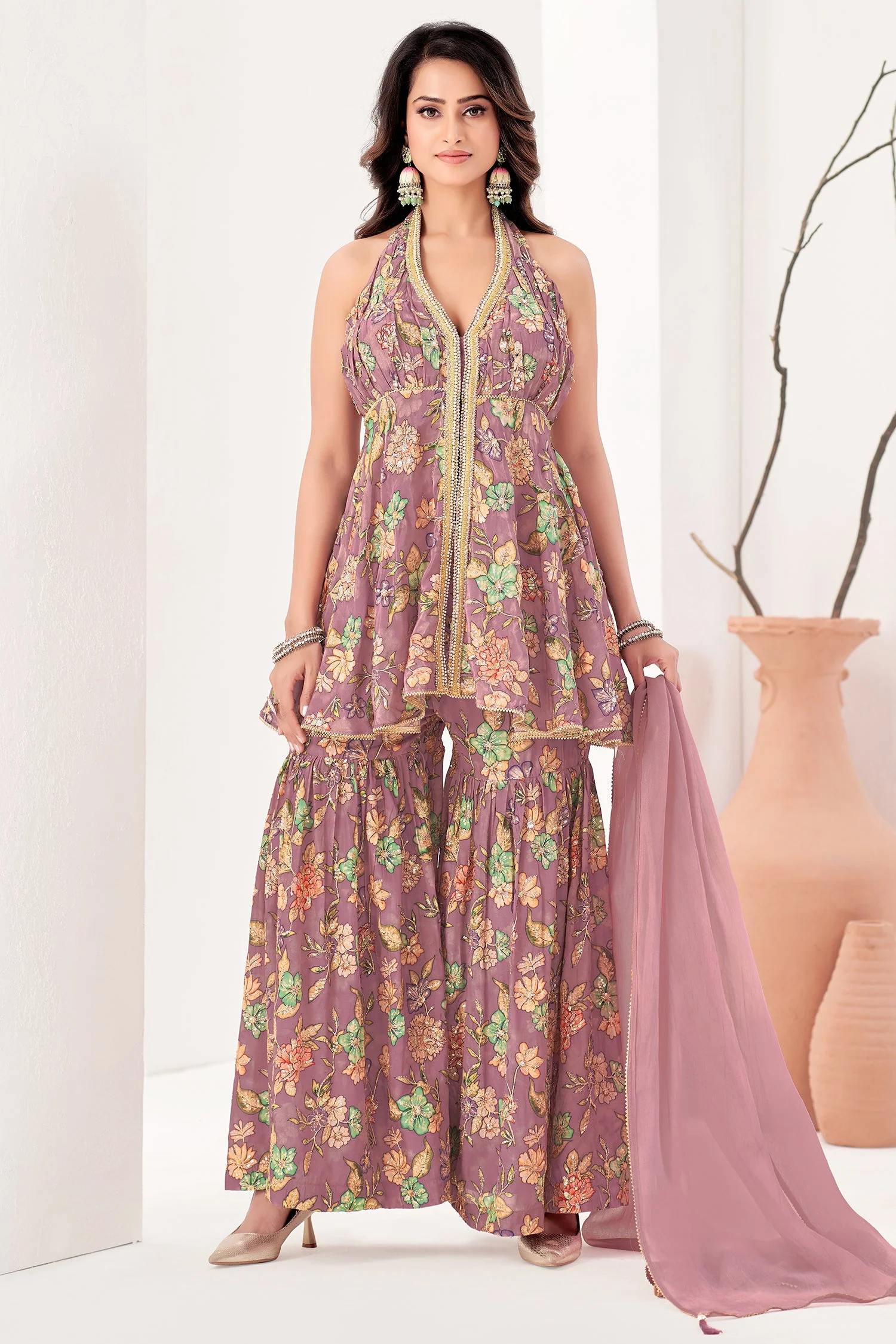Onion Pink Tissue Floral Printed and Sequin Worked Sharara Suit - Image 3